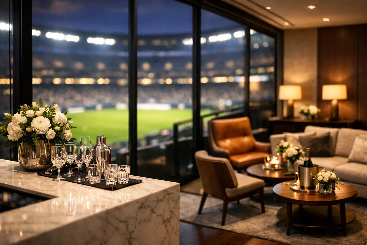 Modern luxury hospitality suite overlooking a stadium field for Super Bowl executive hosting.
