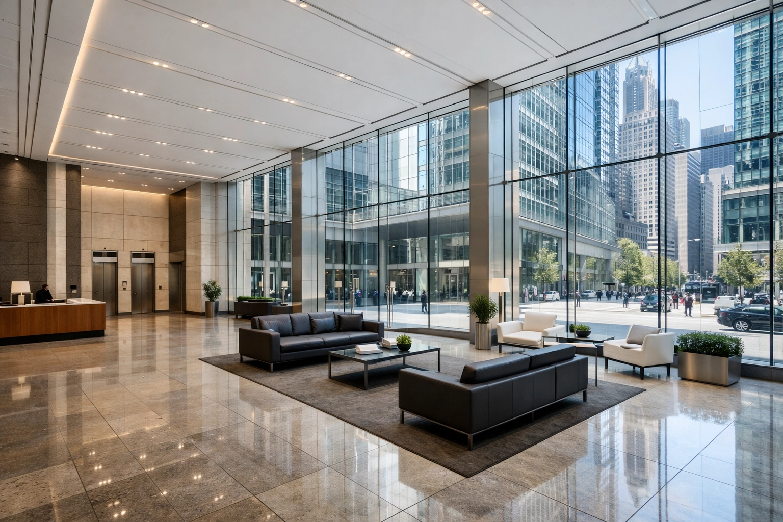 Professional and modern commercial building lobby in a major hub like Chicago or Indianapolis.