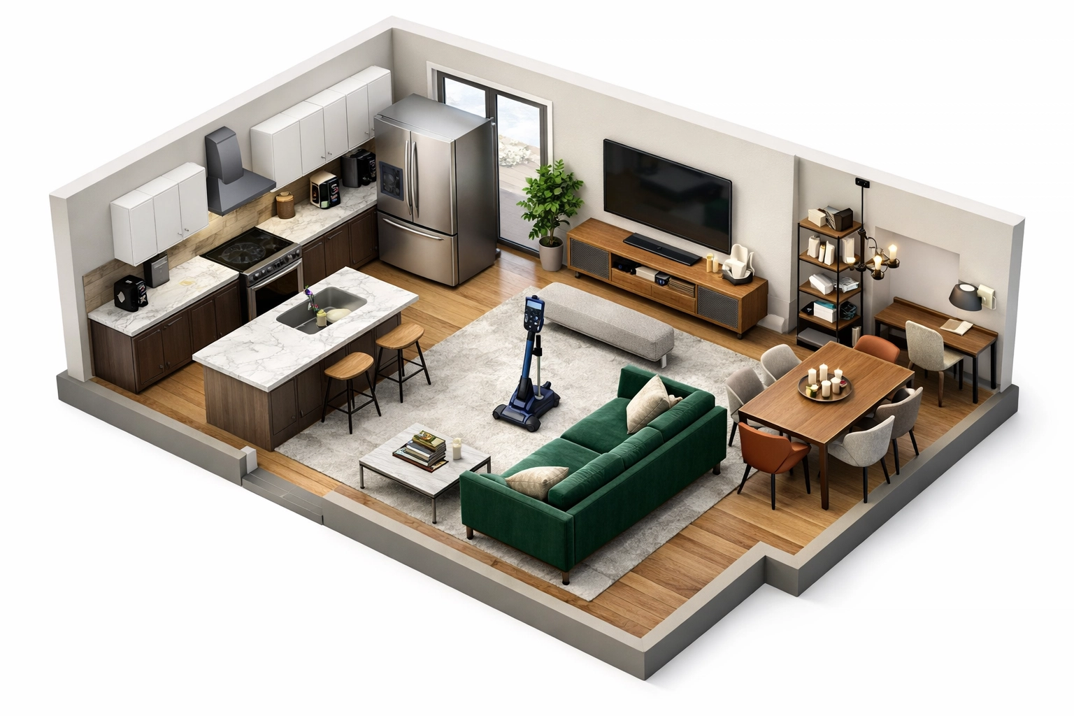 Dysfunctional open floor plan in a Detroit real estate flip lacking storage and proper flow.