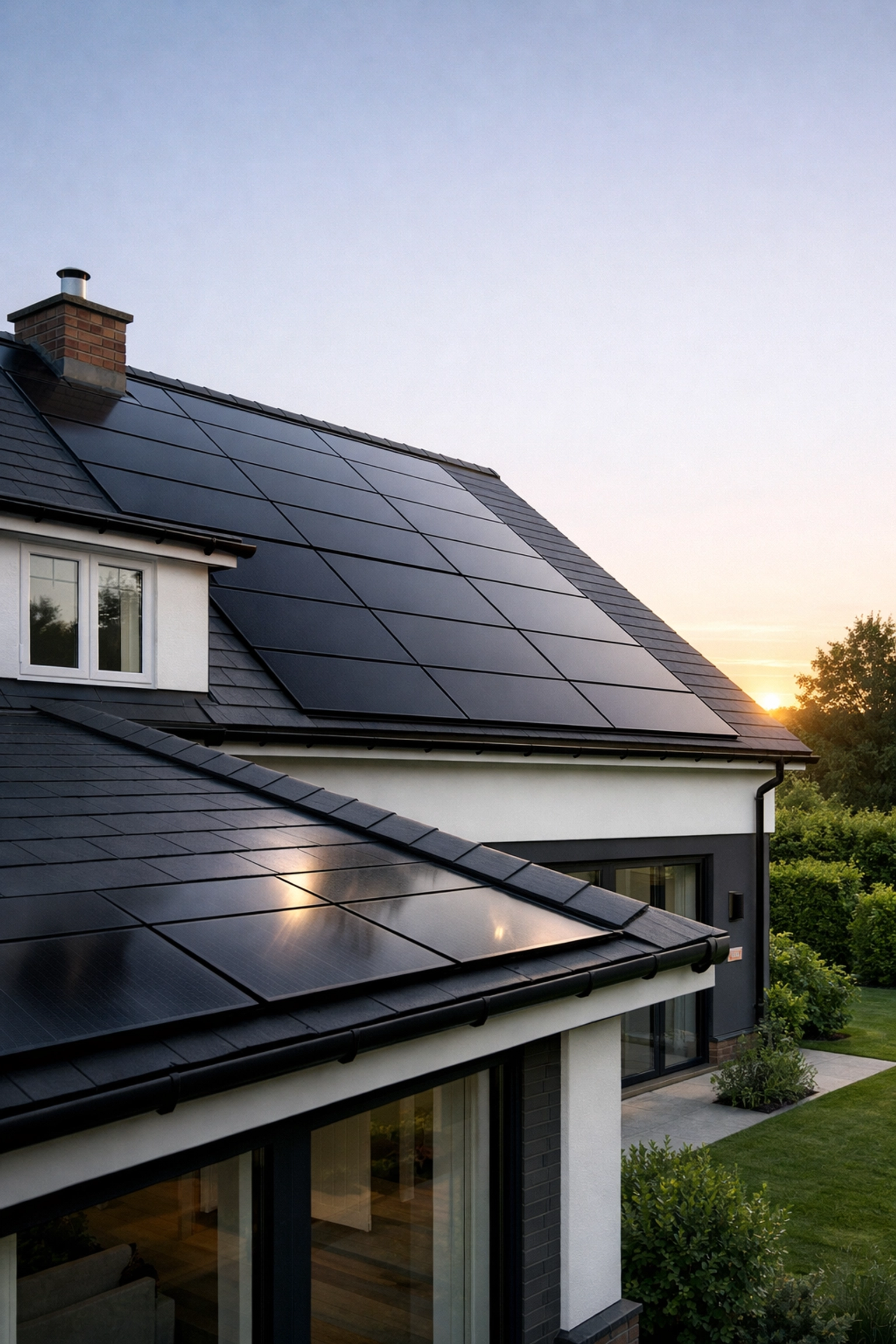Modern UK house with sleek all-black solar panels on the roof providing renewable energy security.