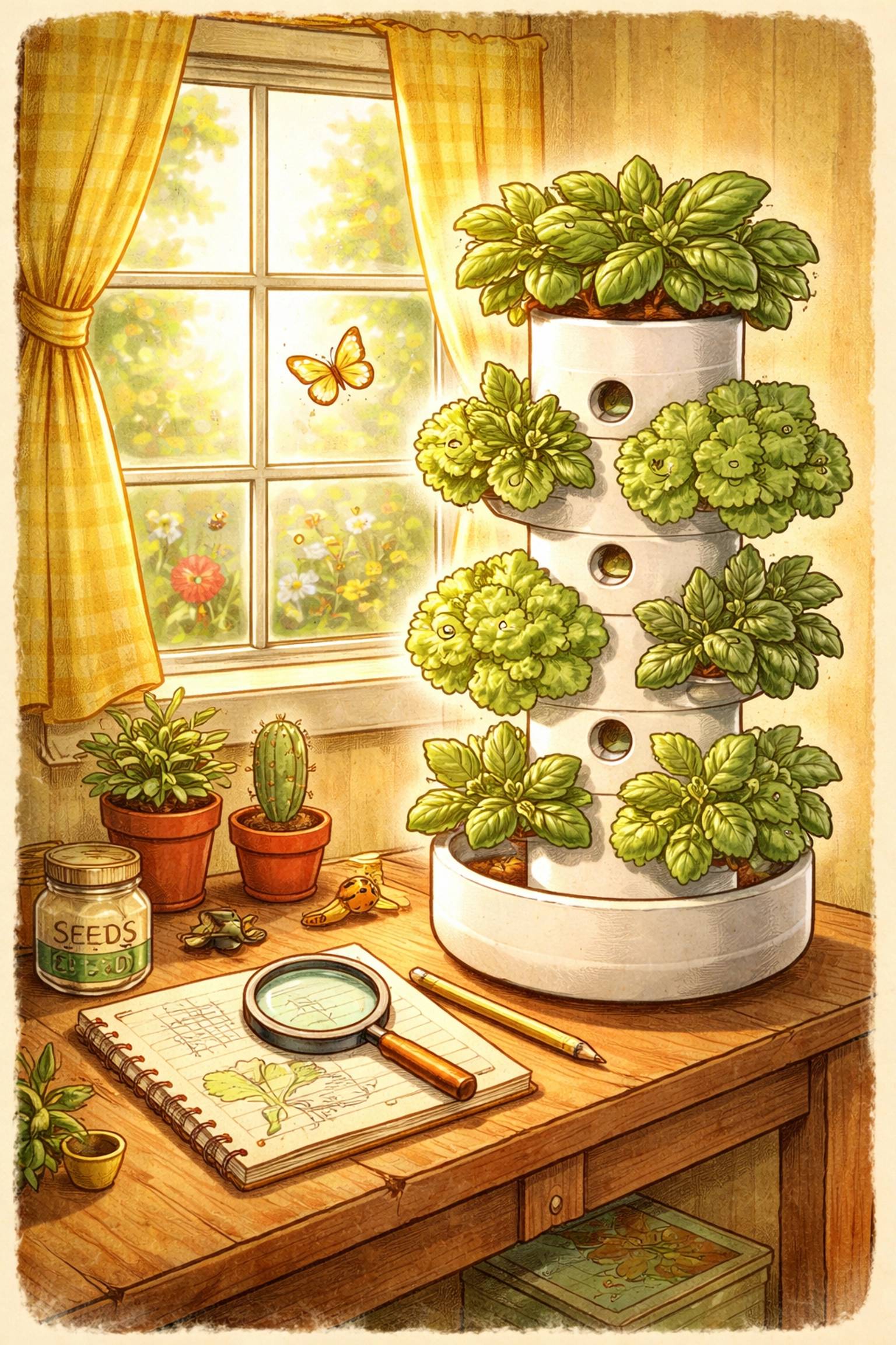 Adorable indoor science corner with a vertical garden by a sunny window, featuring cartoon basil, lettuce, and mint for a STEM garden project.