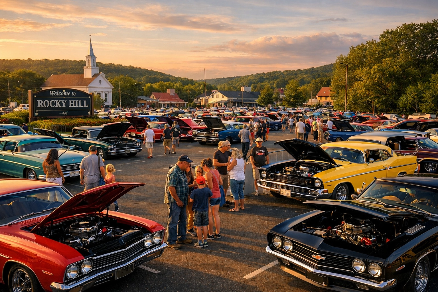 A community classic car show in Rocky Hill featuring rows of vintage vehicles with engines on display.