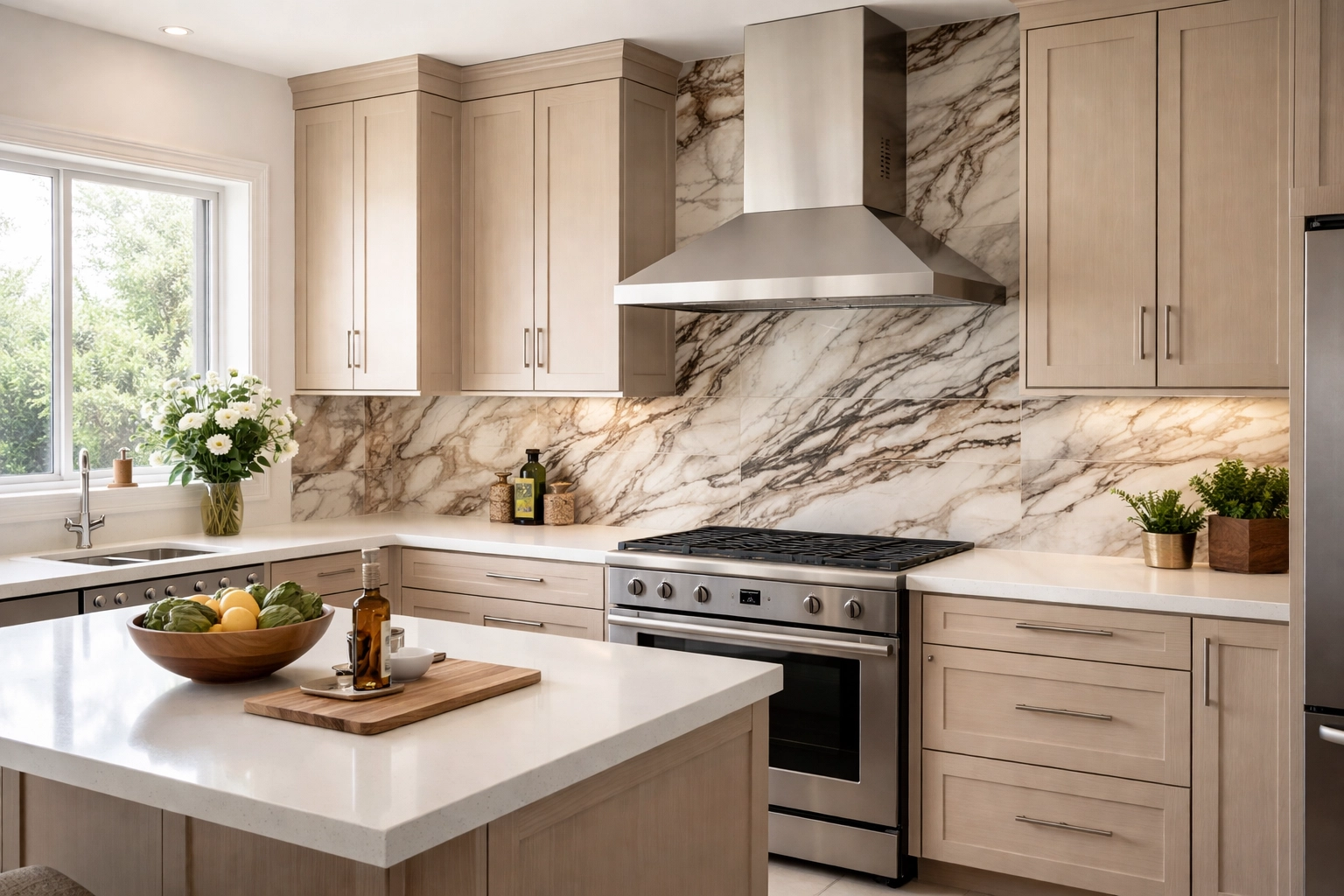 Modern Orlando kitchen featuring natural stone marble backsplash with elegant gray and white veining
