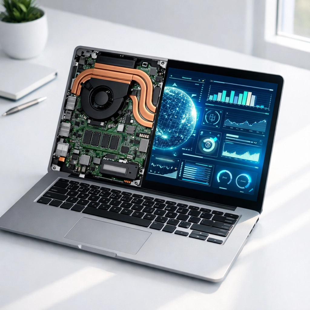 Internal hardware and software view of a laptop being serviced for laptop repair in Vacaville on a white workbench.
