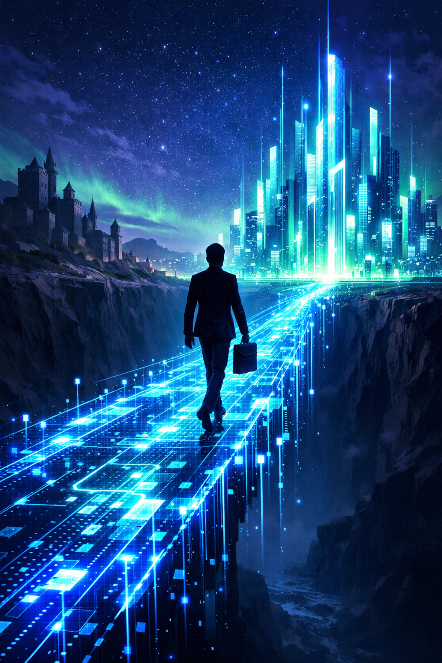 Professional crossing a digital bridge to close the campus-to-career gap with AI expertise.