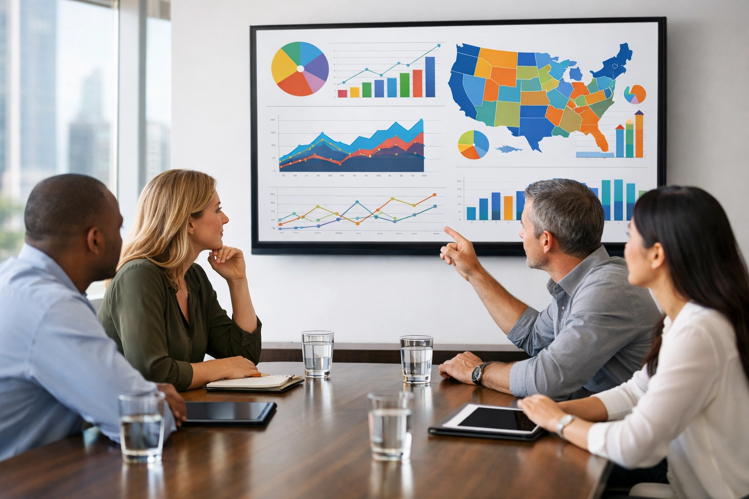 Strategic marketing team analyzing dealership data analytics and national market opportunities in a modern office.