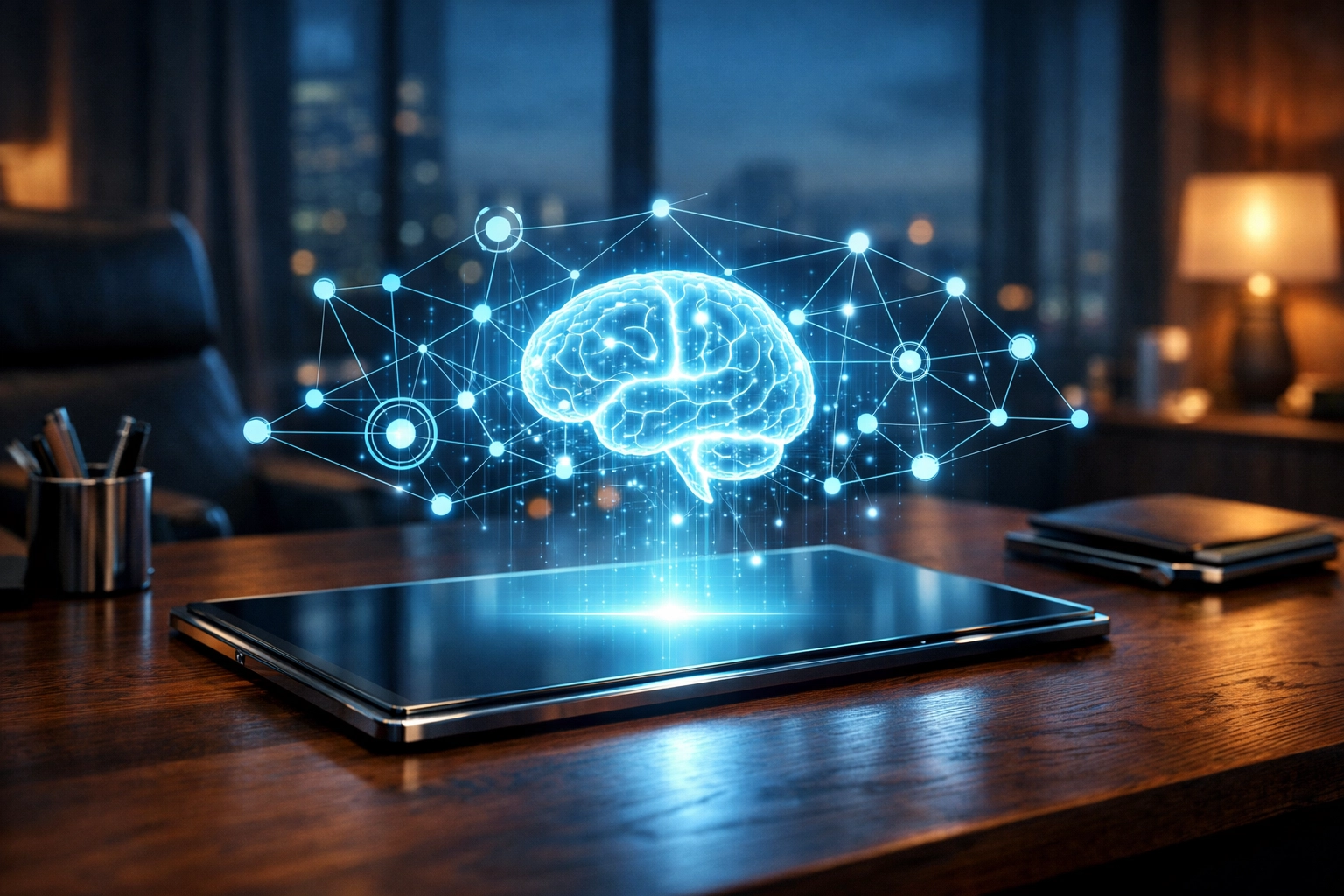 Modern office desk with a digital brain hologram representing an AI-ready business valuation.