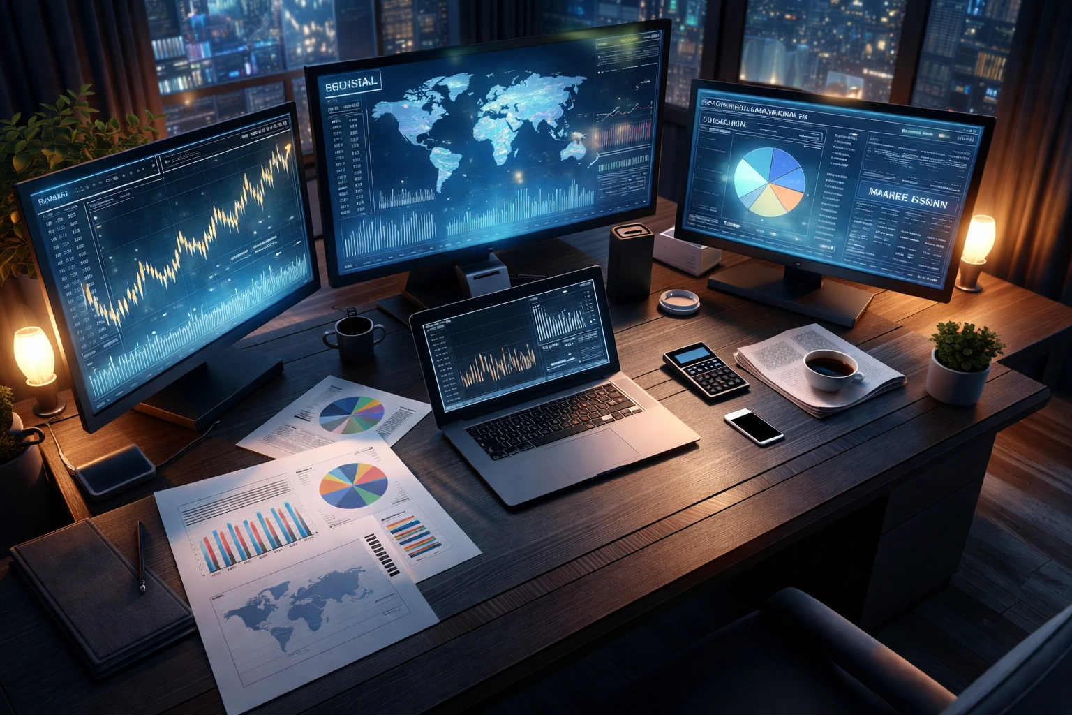 Investor analyzing diversified private equity portfolio allocations on multiple screens at modern desk