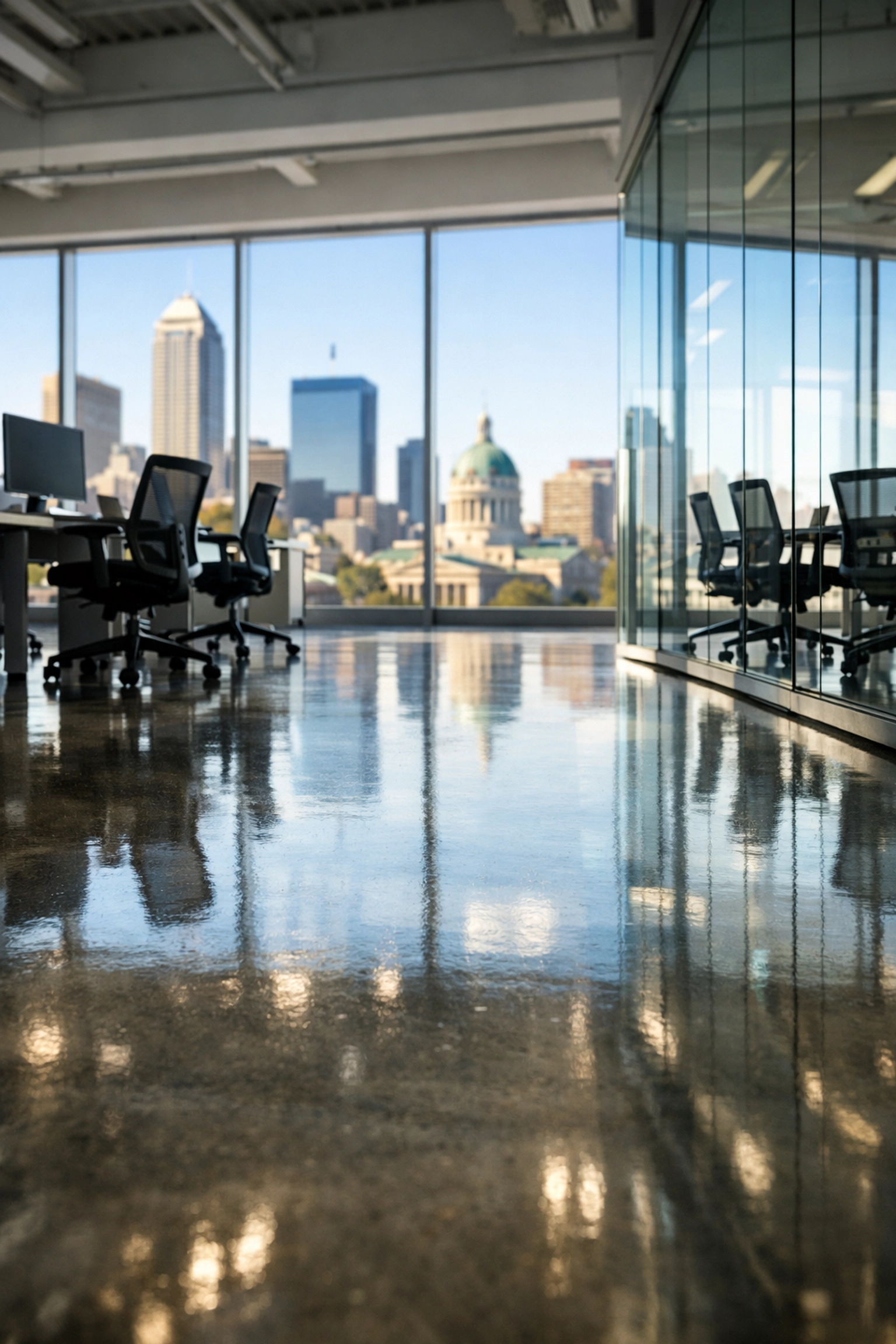 A clean Indianapolis open-concept office with polished concrete floors and a city skyline view.