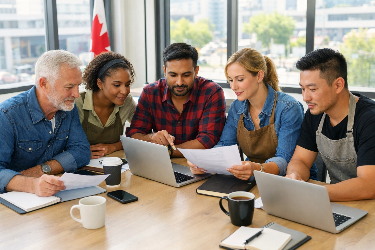 Canadian business owners collaborating at meeting table seeking business funding opportunities