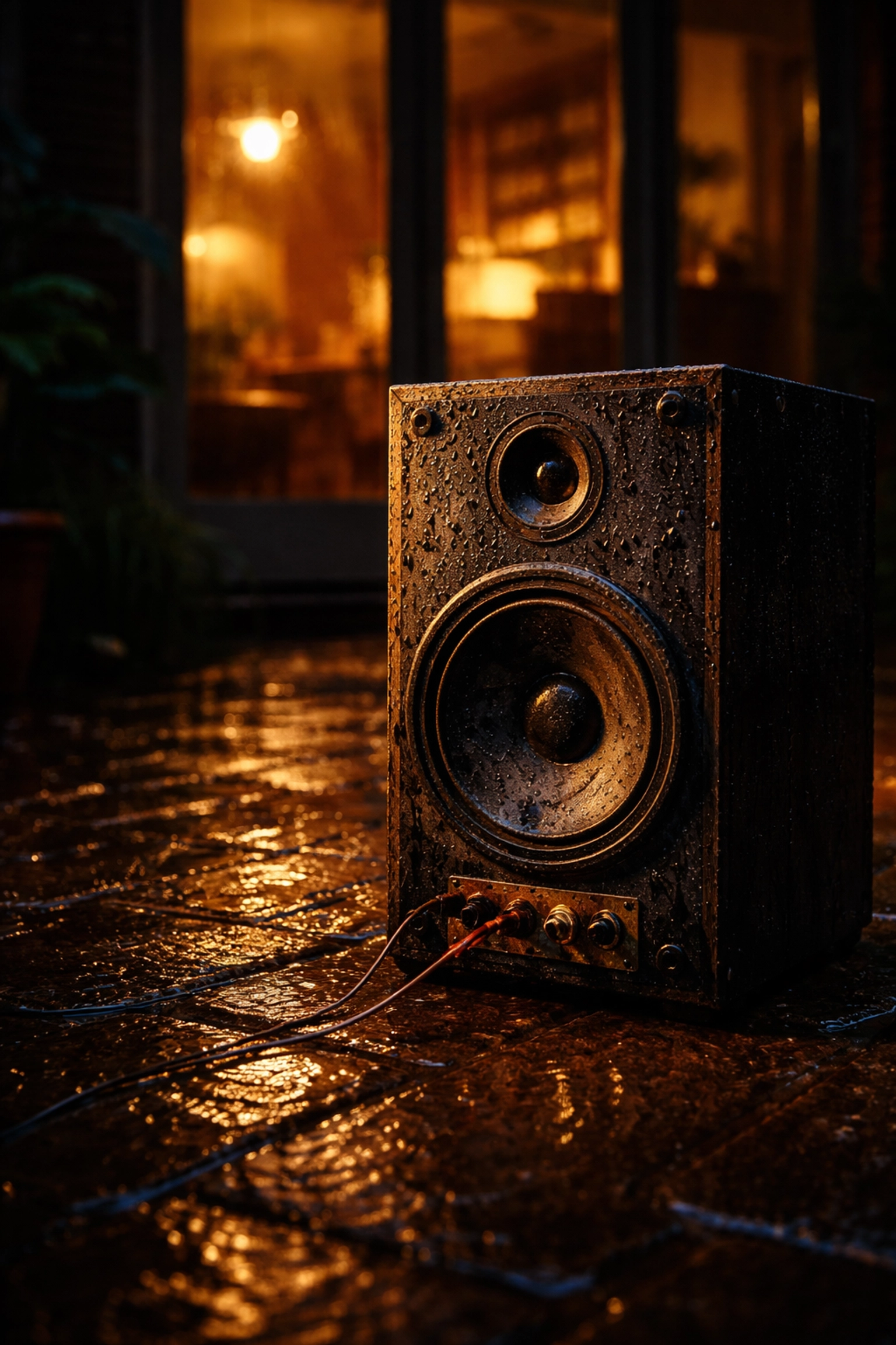 Weather-damaged indoor speaker left on a rainy Kentucky patio, highlighting the need for outdoor-rated audio in Central KY.