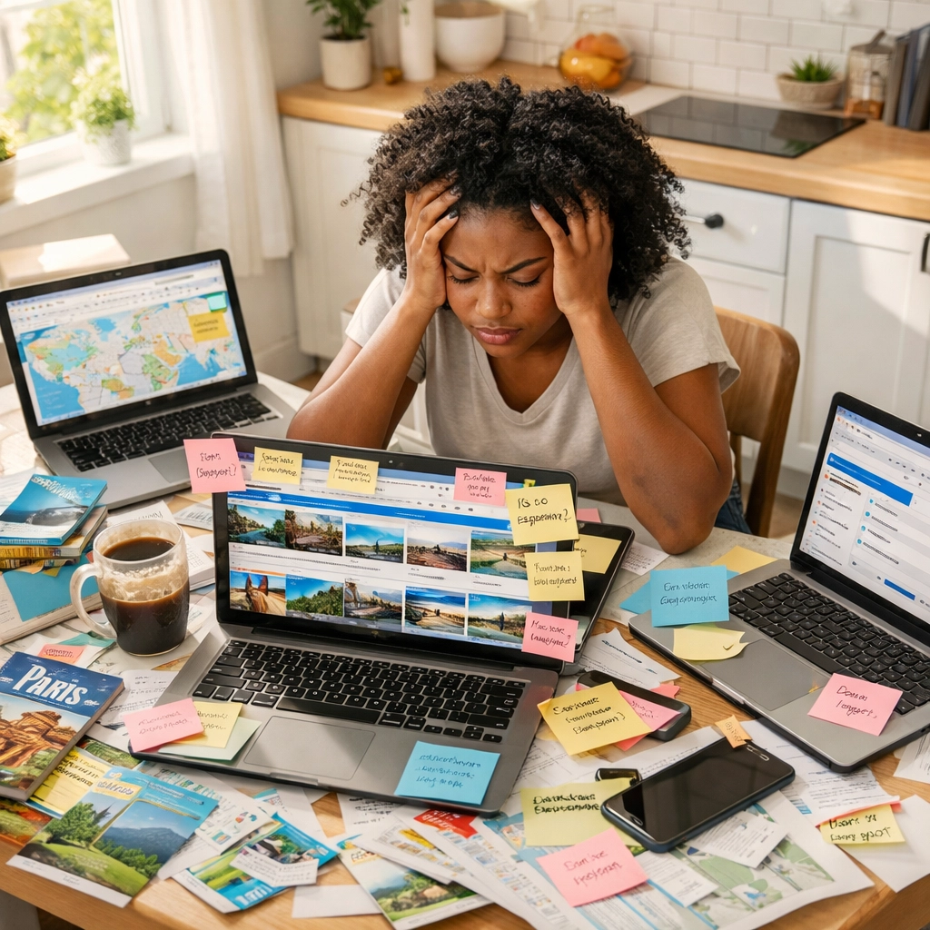 Woman overwhelmed by DIY travel planning research with multiple laptops and travel brochures