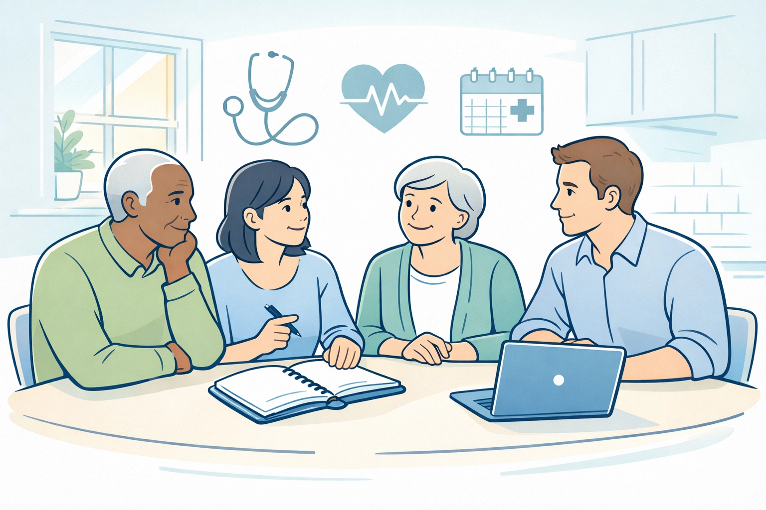 Family discussing home health care options for elderly loved one at kitchen table