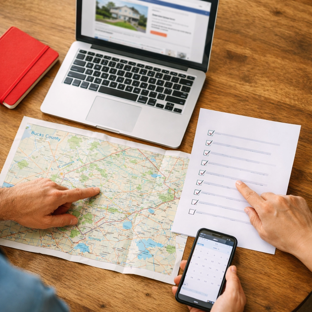 Bucks County 55+ home plan checklist with map and listings for a 2026 move strategy