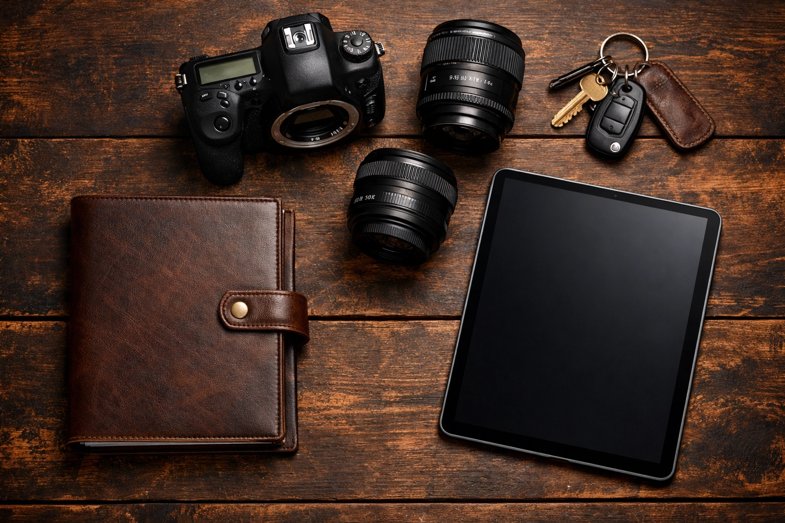 Flat lay of photography equipment and a planner representing a professional photographer's organized workflow.