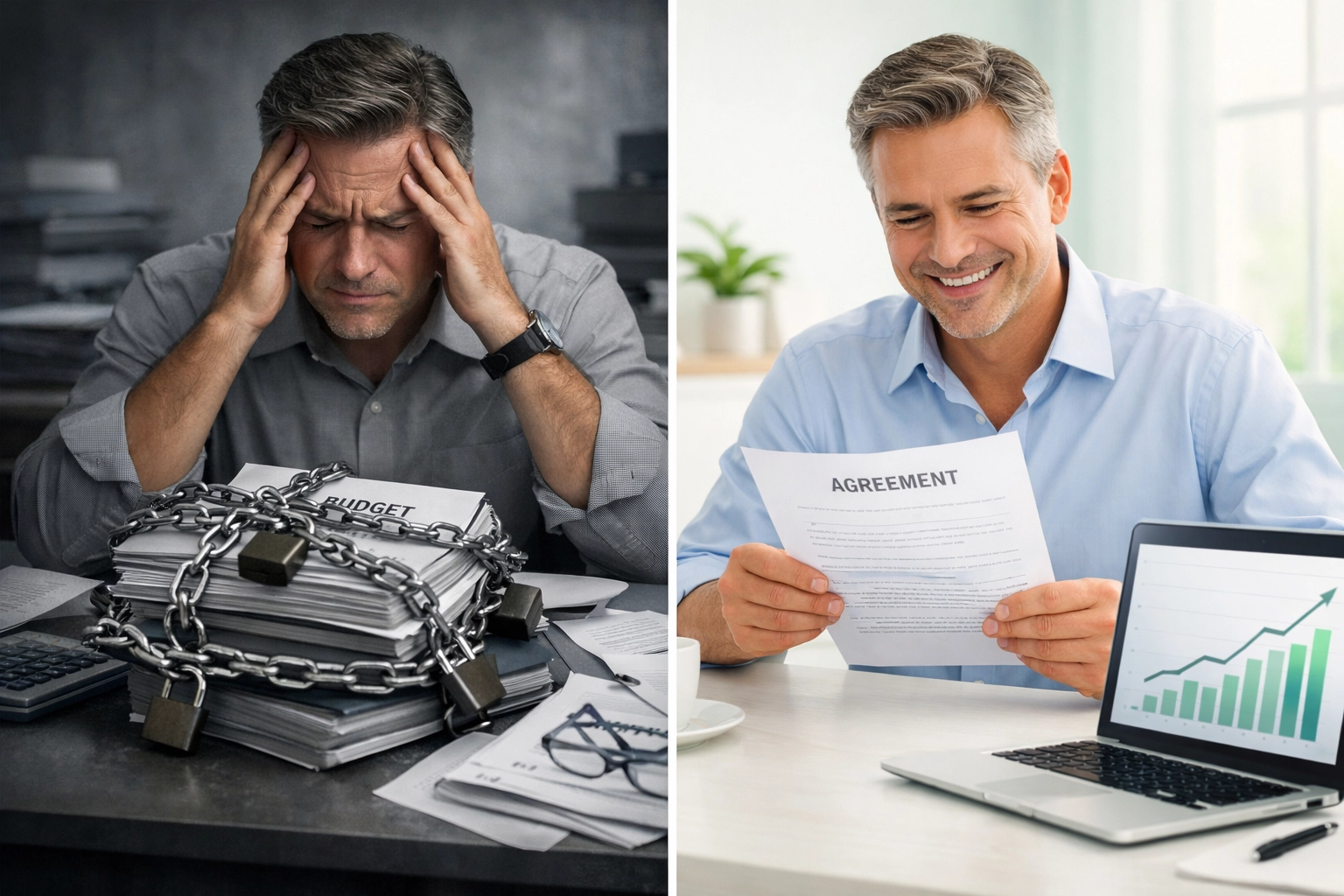 Business owner comparing locked annual contract versus flexible month-to-month agreement