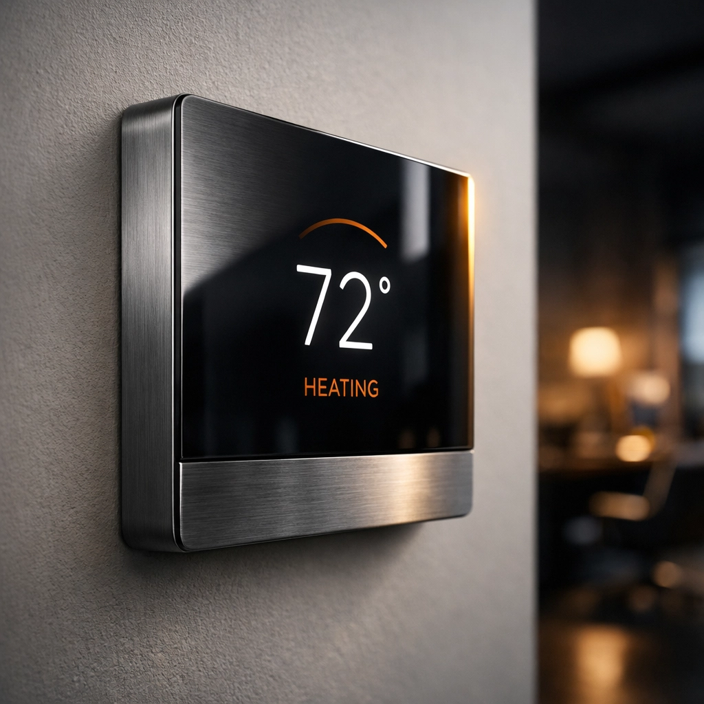Wall-mounted smart thermostat for efficient temperature control in a new loft room.