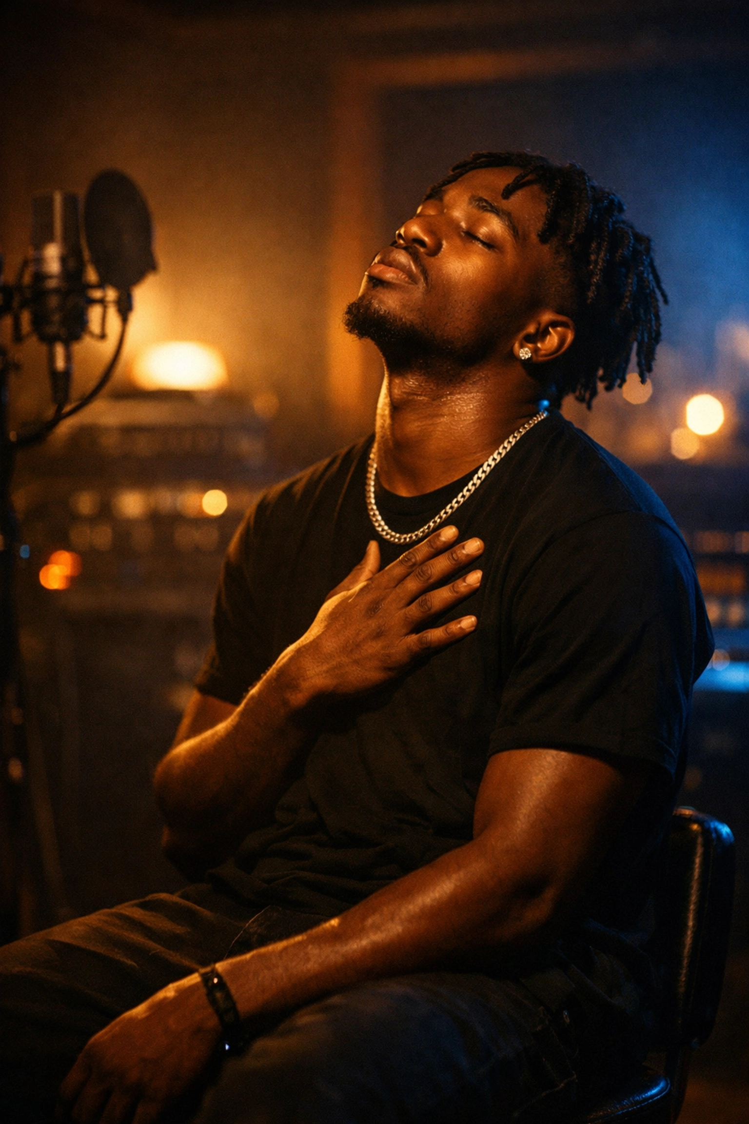 R&B artist recording emotional vocals in studio showcasing vulnerability in modern soul music