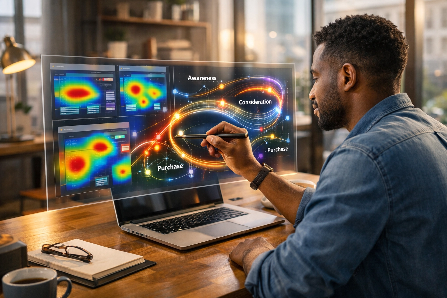 Marketing professional analyzing customer journey heatmaps on a digital display to enhance human-AI collaboration.