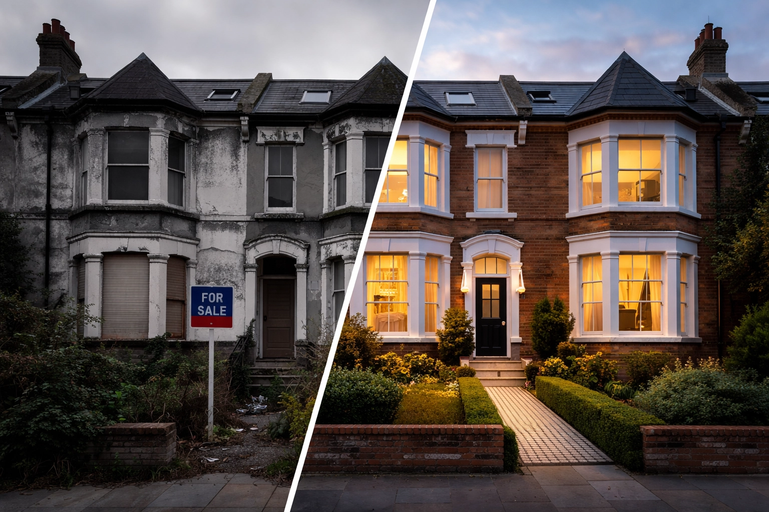 Before and after renovation of an Oldham Victorian terrace, showing value creation through bridging loan finance.