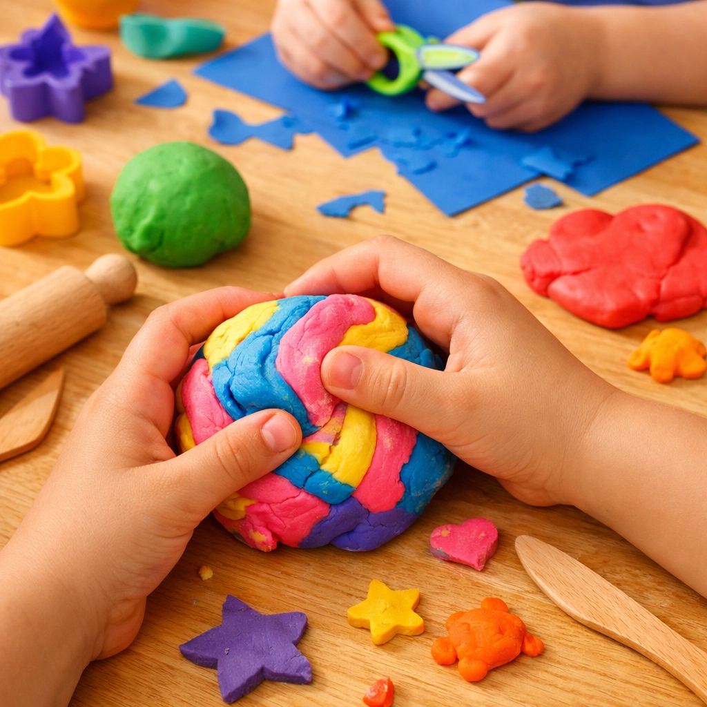 Preschooler using playdough and craft tools to develop fine motor skills and school readiness.