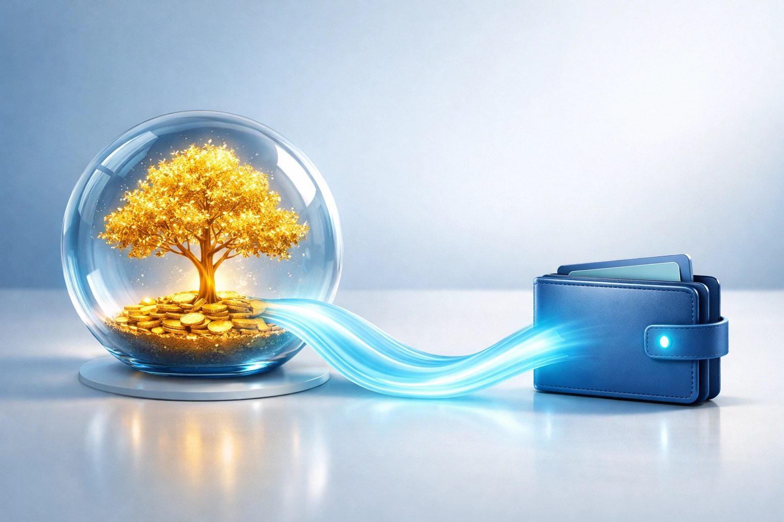 A golden wealth tree and digital wallet illustrating investment growth and capital liquidity for private banking.