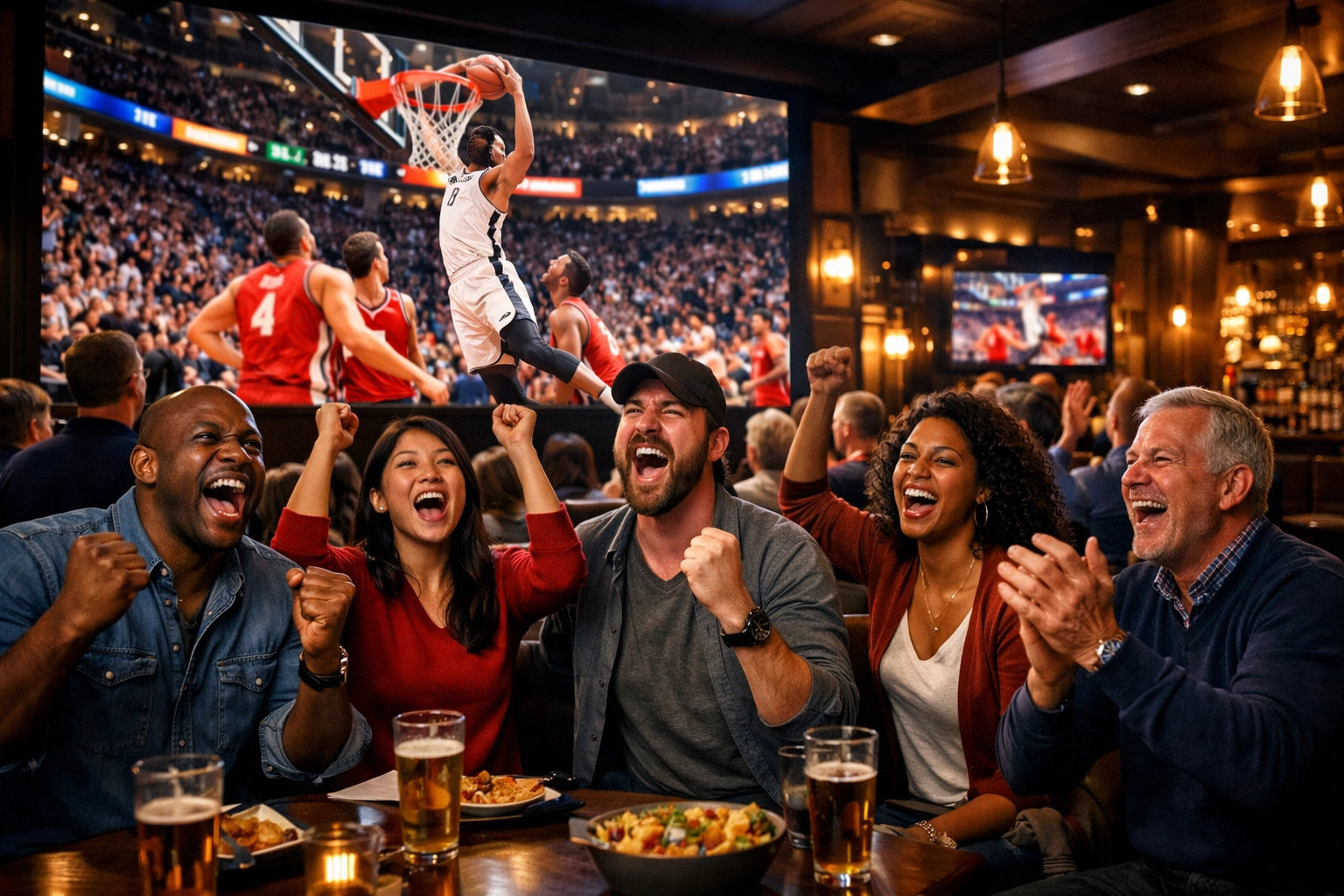 Sports fans in a modern lounge reacting to a live game on a high-impact digital display screen.
