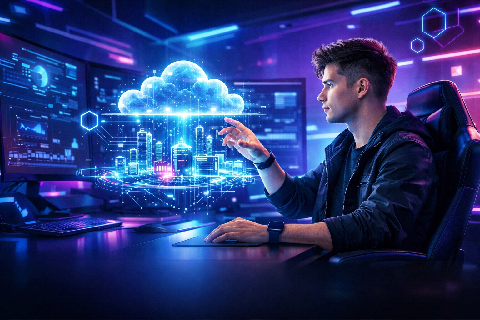 Gen Z professional interacting with futuristic cloud architecture and AI interfaces in a high-tech workstation.