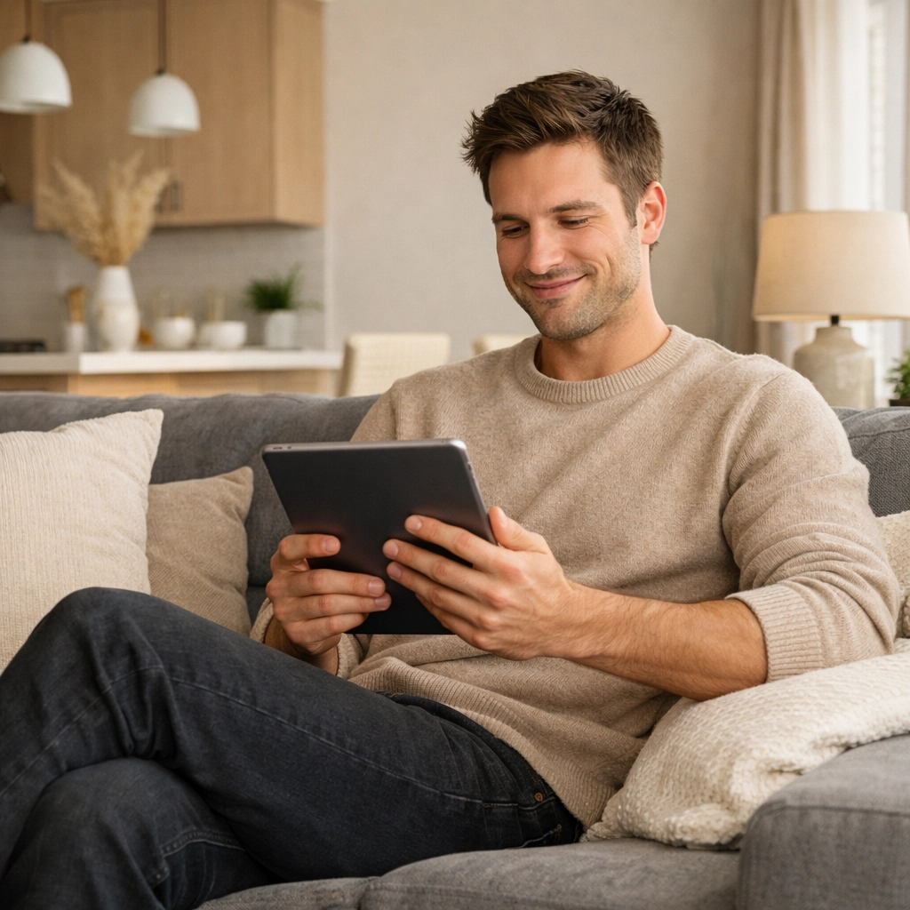 Someone using a tablet at home to research a payday loan online Alberta and credit options.