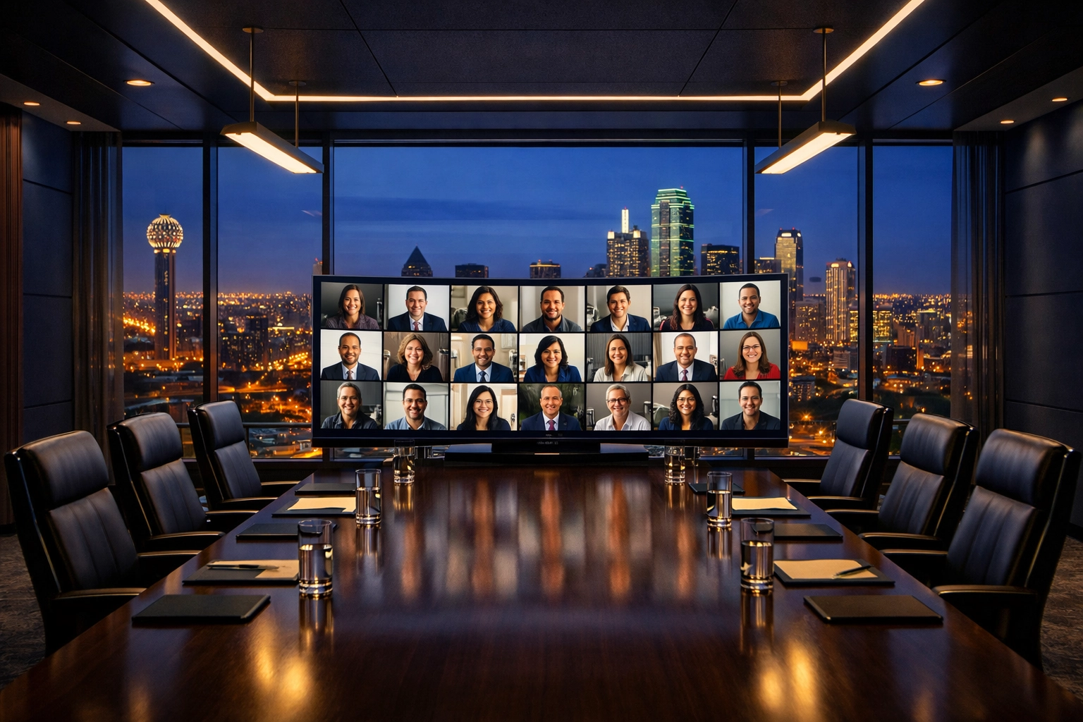 A modern DFW corporate boardroom featuring a virtual meeting monitor overlooking the Dallas-Fort Worth skyline.