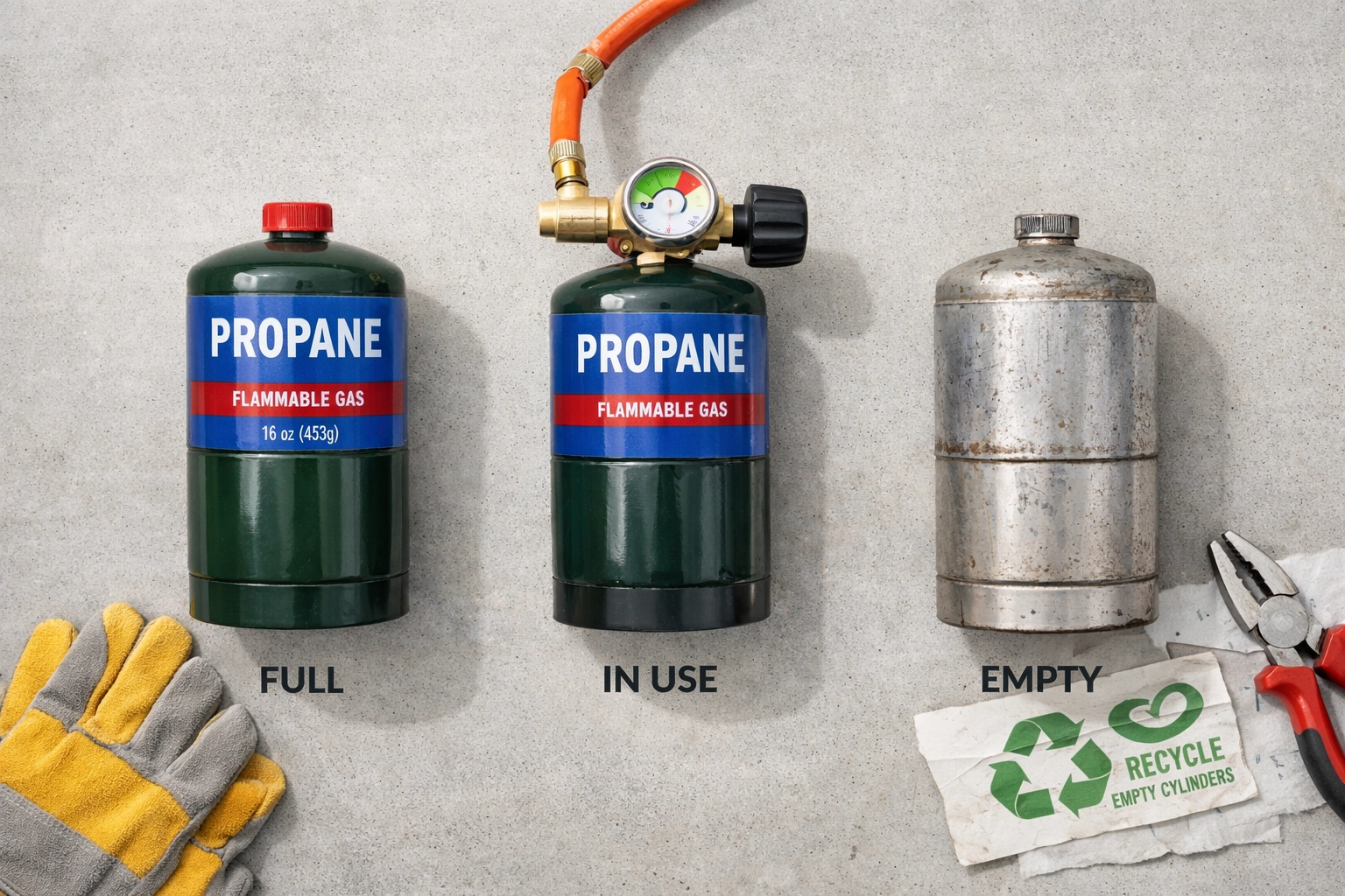 Disposable gas bottle lifecycle showing new, in-use, and empty cylinder ready for disposal