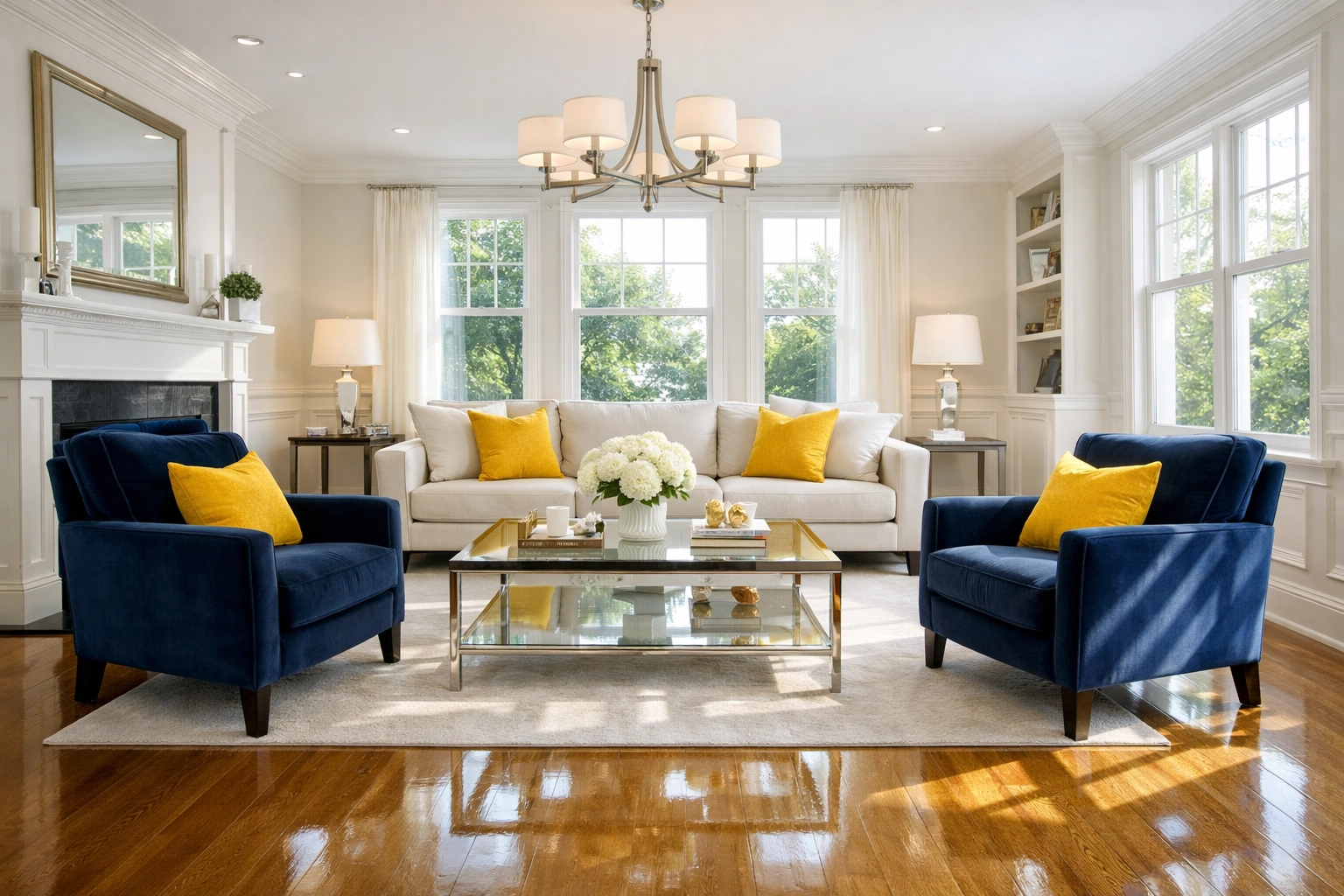 Spotless Lynnfield living room with polished oak floors after a professional bi-weekly house cleaning service.
