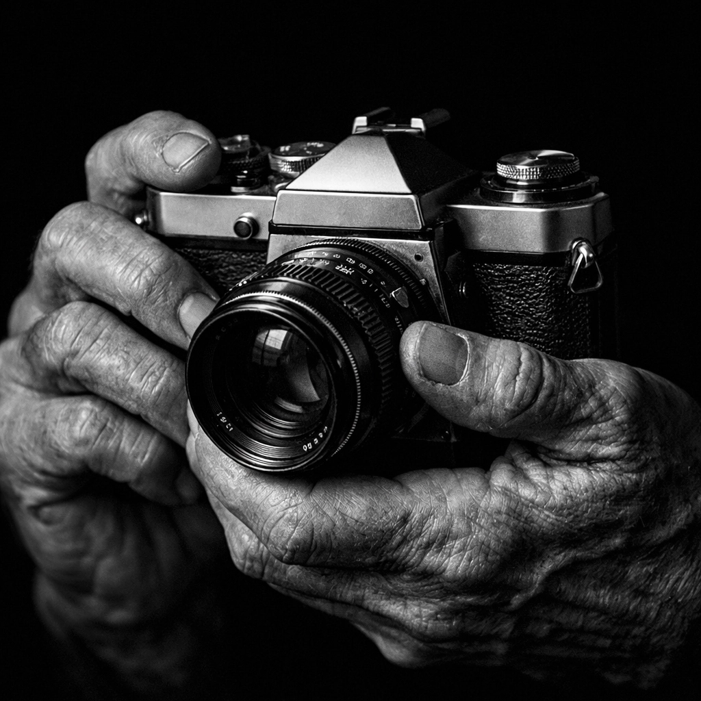 Black and white portrait of hands holding a camera, highlighting storytelling via photography tutorials.