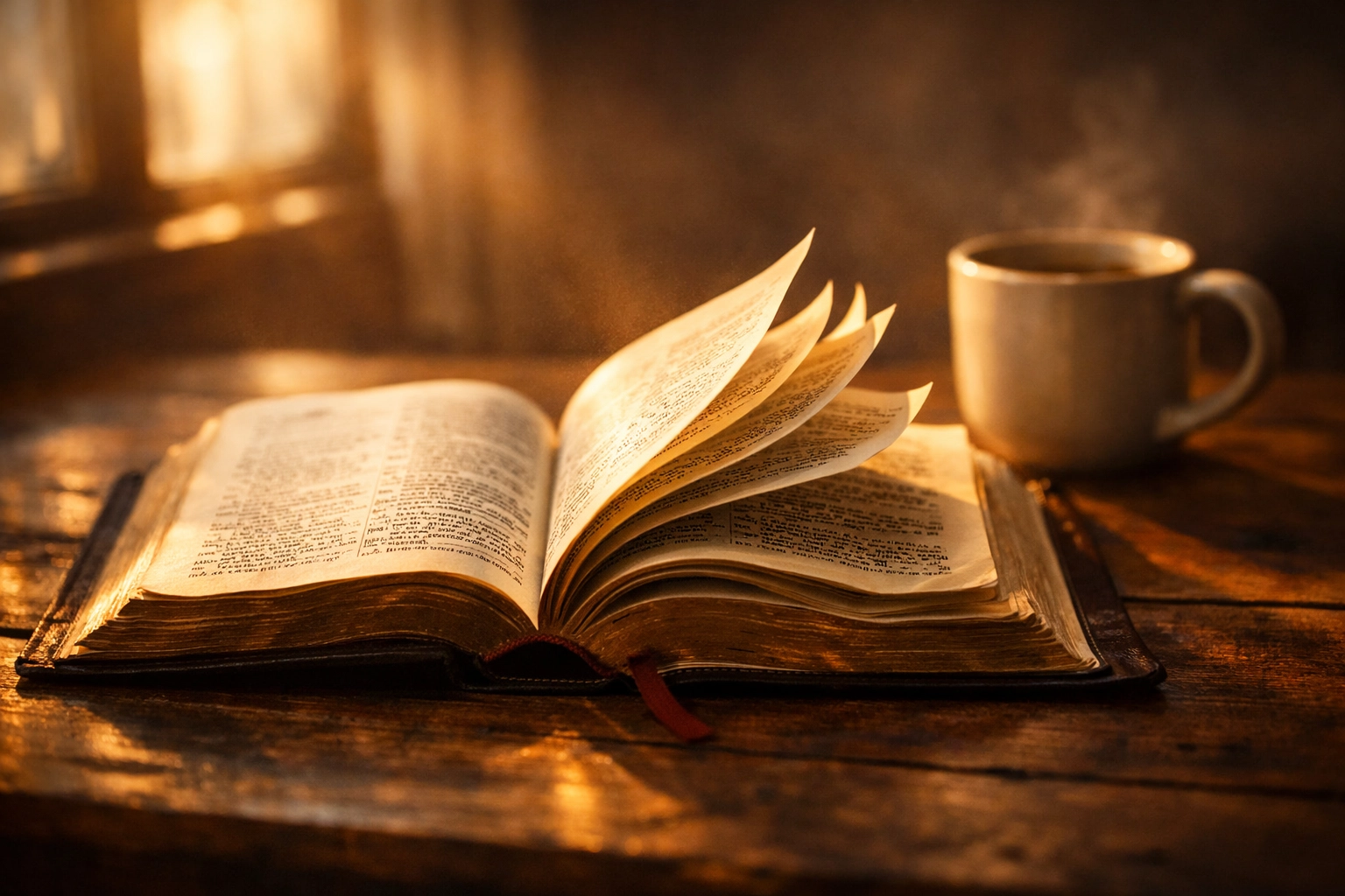 Open Bible on table during morning devotional time