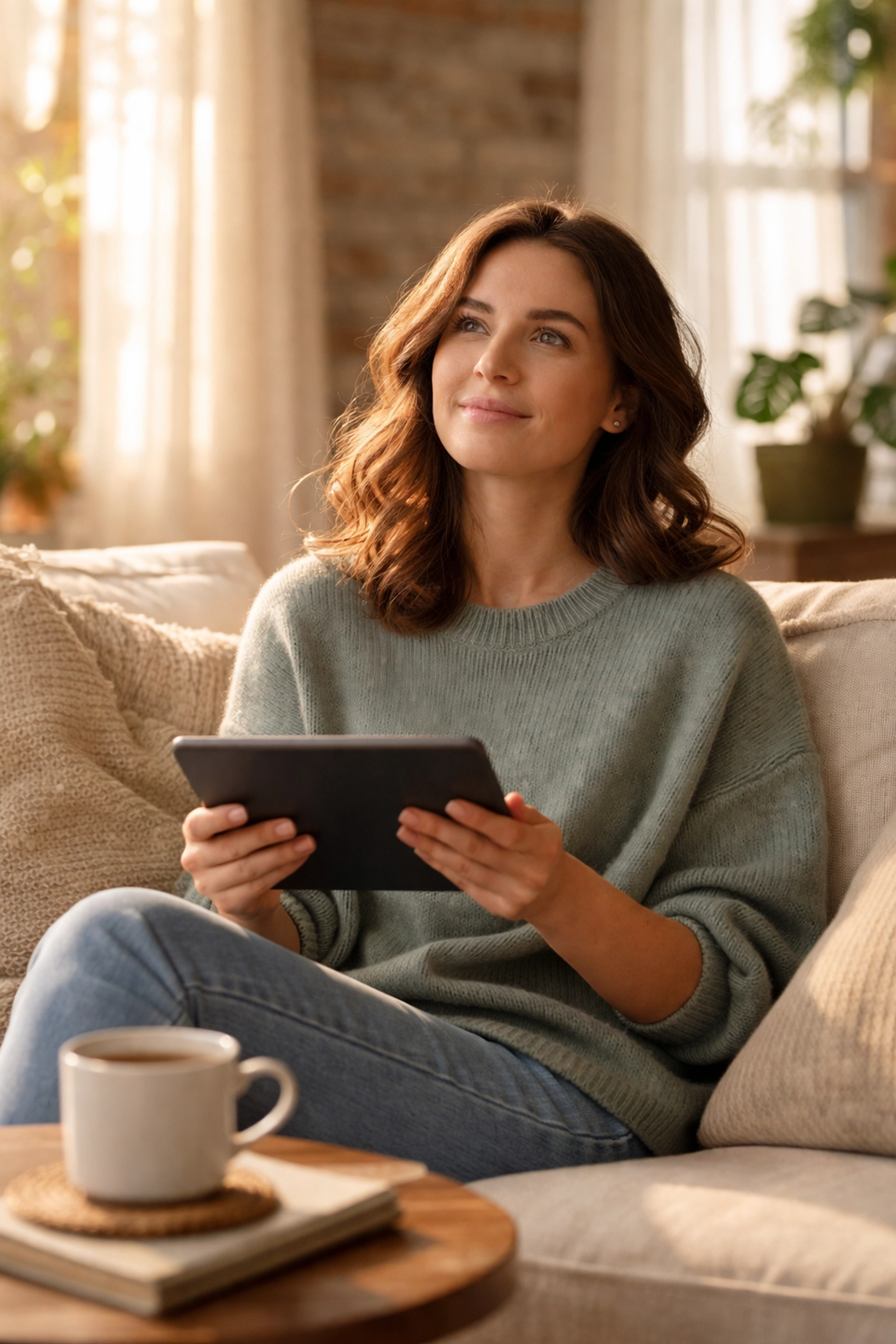 Woman reading about Pennsylvania surrogacy myths in a bright living room, feeling relieved and confident after learning the facts
