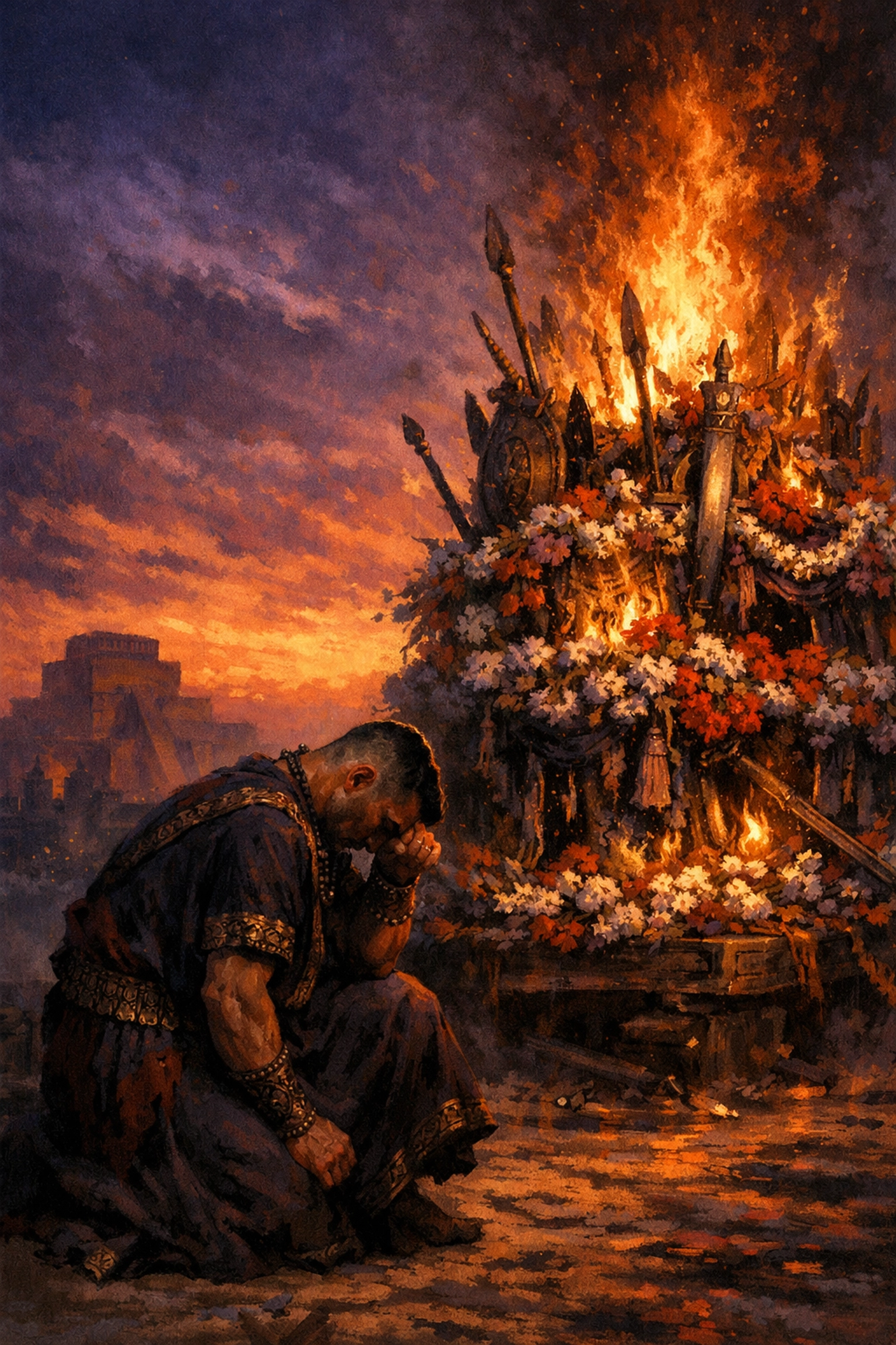 Alexander the Great mourning at Hephaestion's funeral pyre in ancient Babylon
