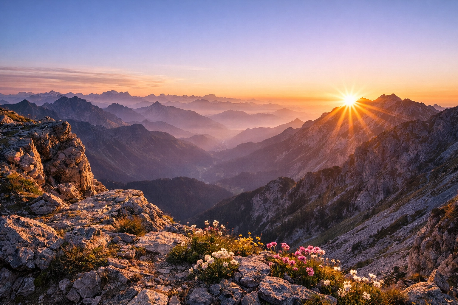Panoramic mountain sunrise view, representing the success of a landscape photography journey.