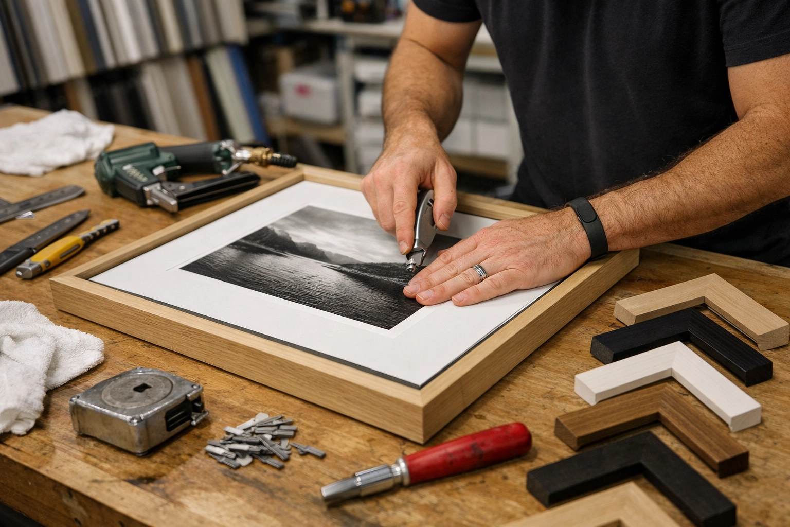 Professional framing of archival prints in a workshop to preserve a museum quality collection.