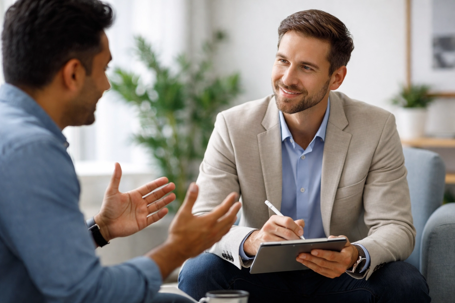 Business coach meets one-on-one with an entrepreneur, illustrating professional leadership and support