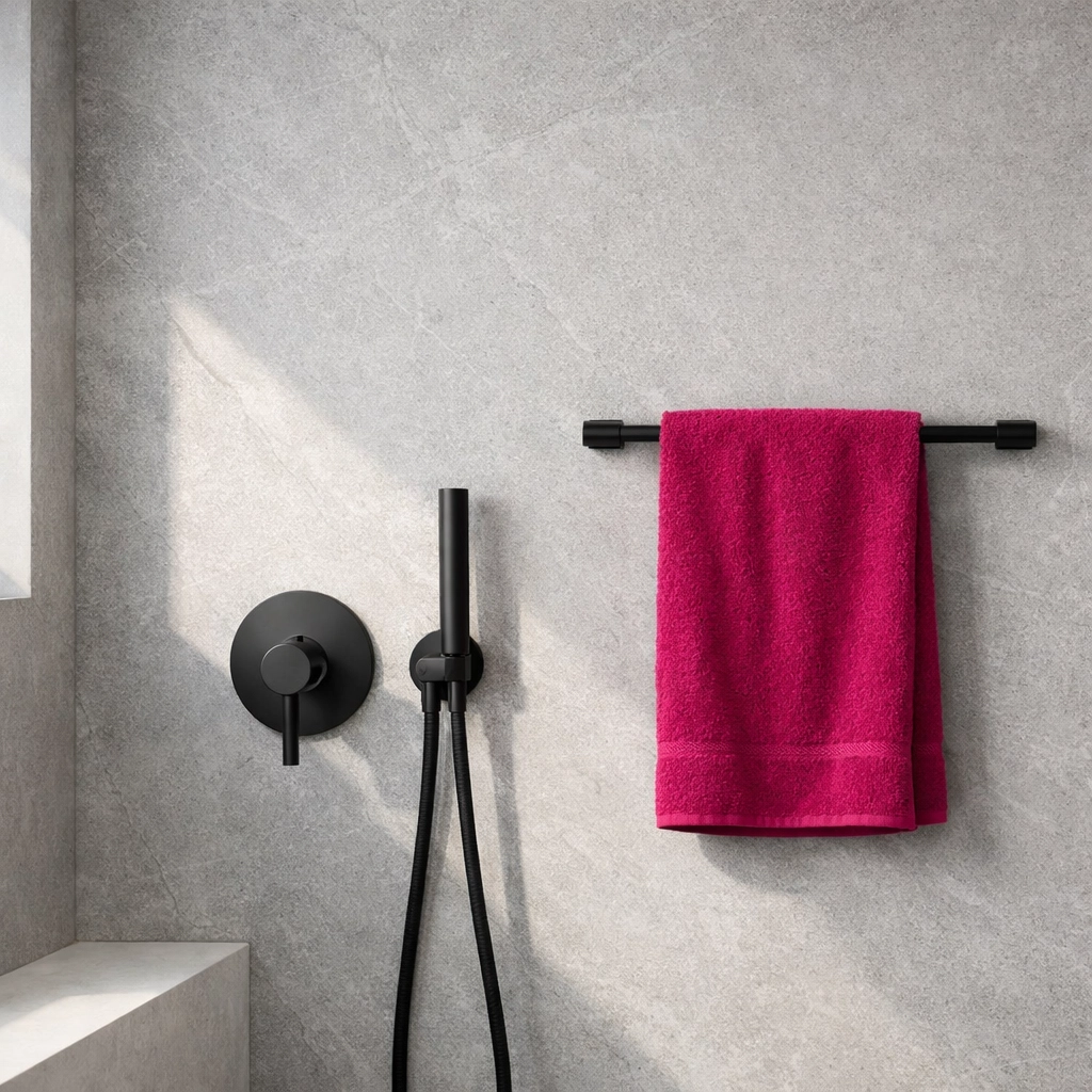 Waterproof recycled plastic wall panels installed in a modern minimalist bathroom interior.