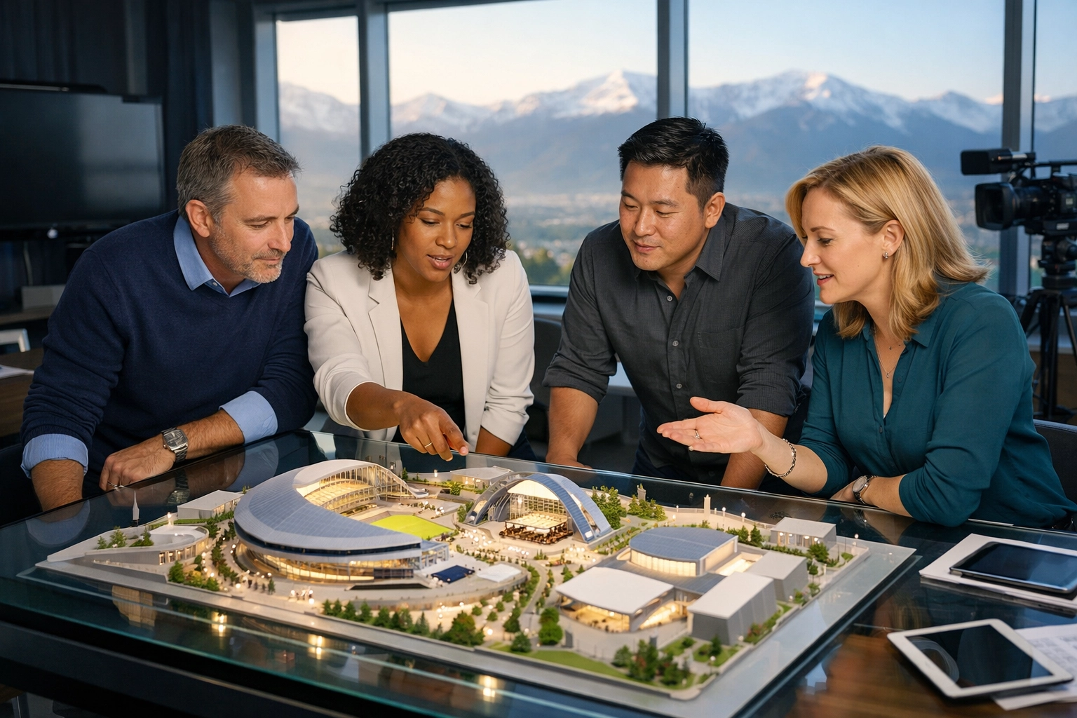 Dakdan Worldwide strategists collaborating on a venue layout for high-impact creative brand production.