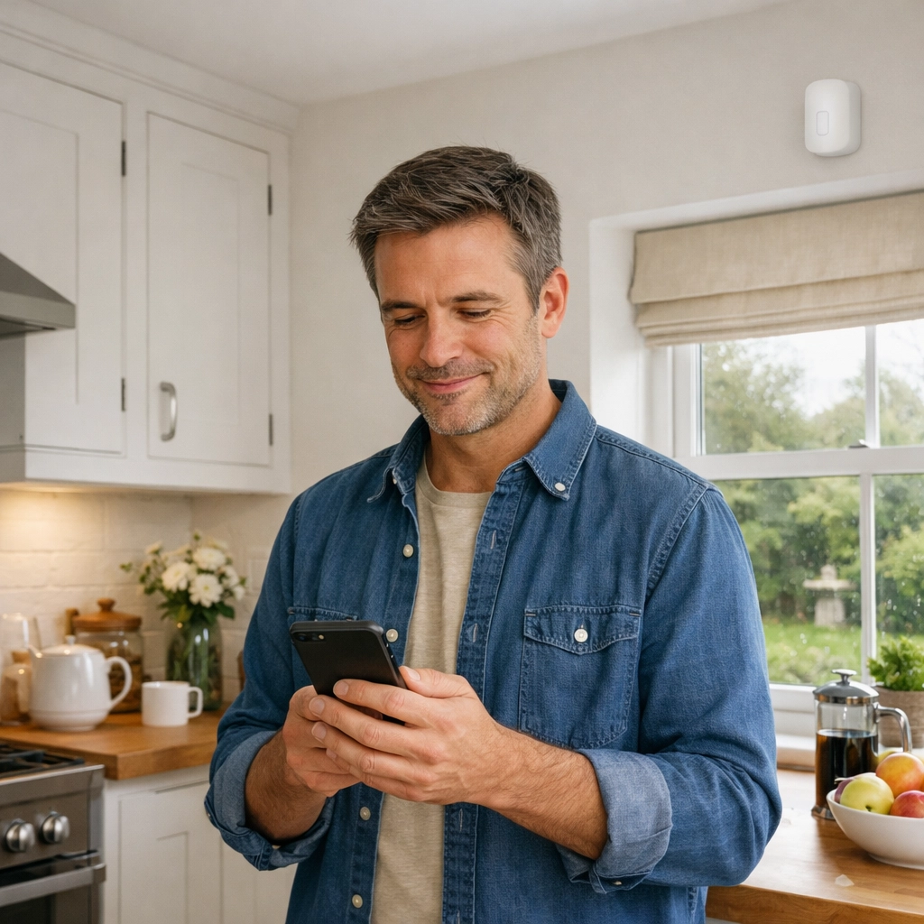 Melksham homeowner using a smartphone to manage a wireless smart alarm system in a modern kitchen.