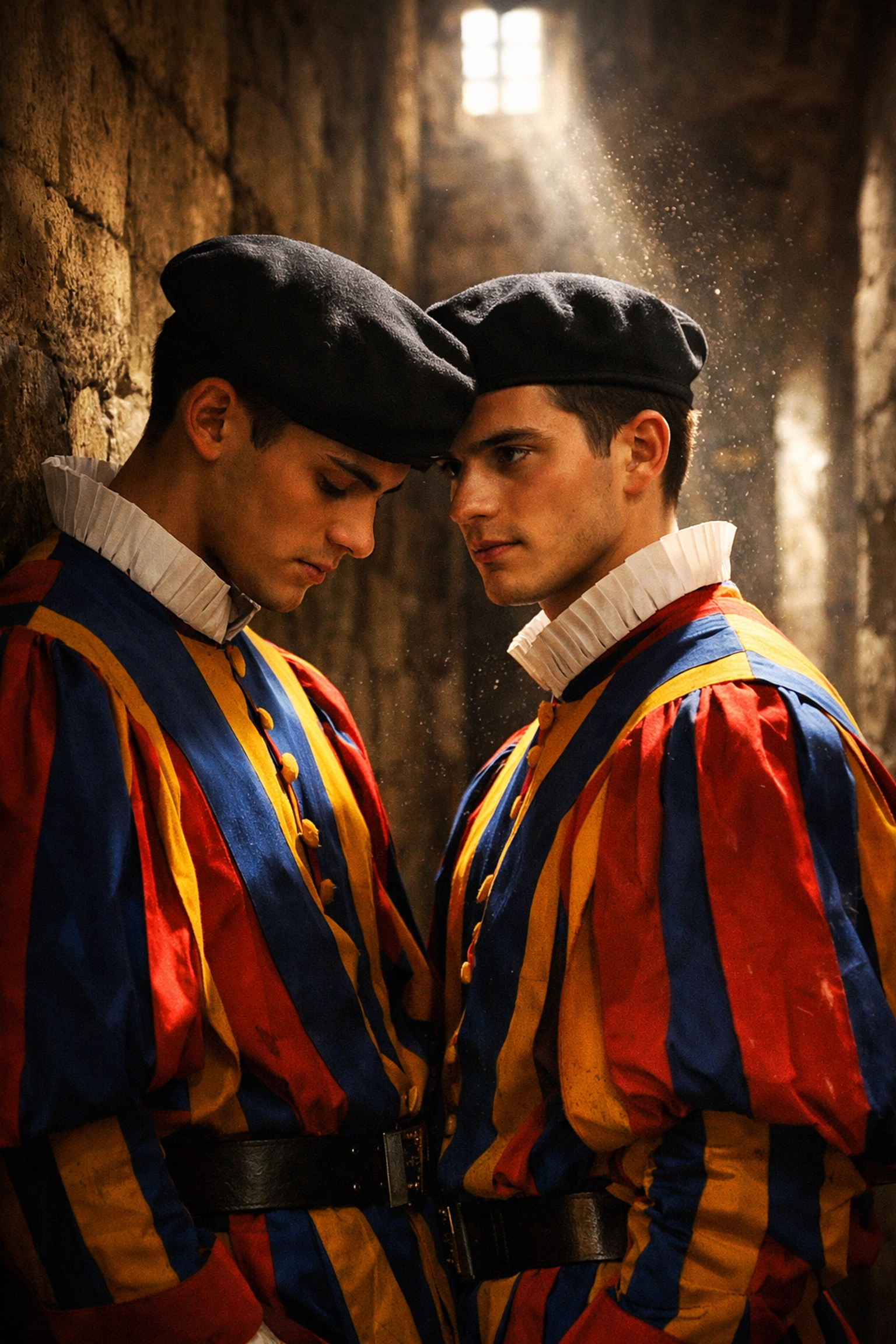 Two Swiss Guards share a moment of forbidden attraction in a sun-drenched Vatican hallway.