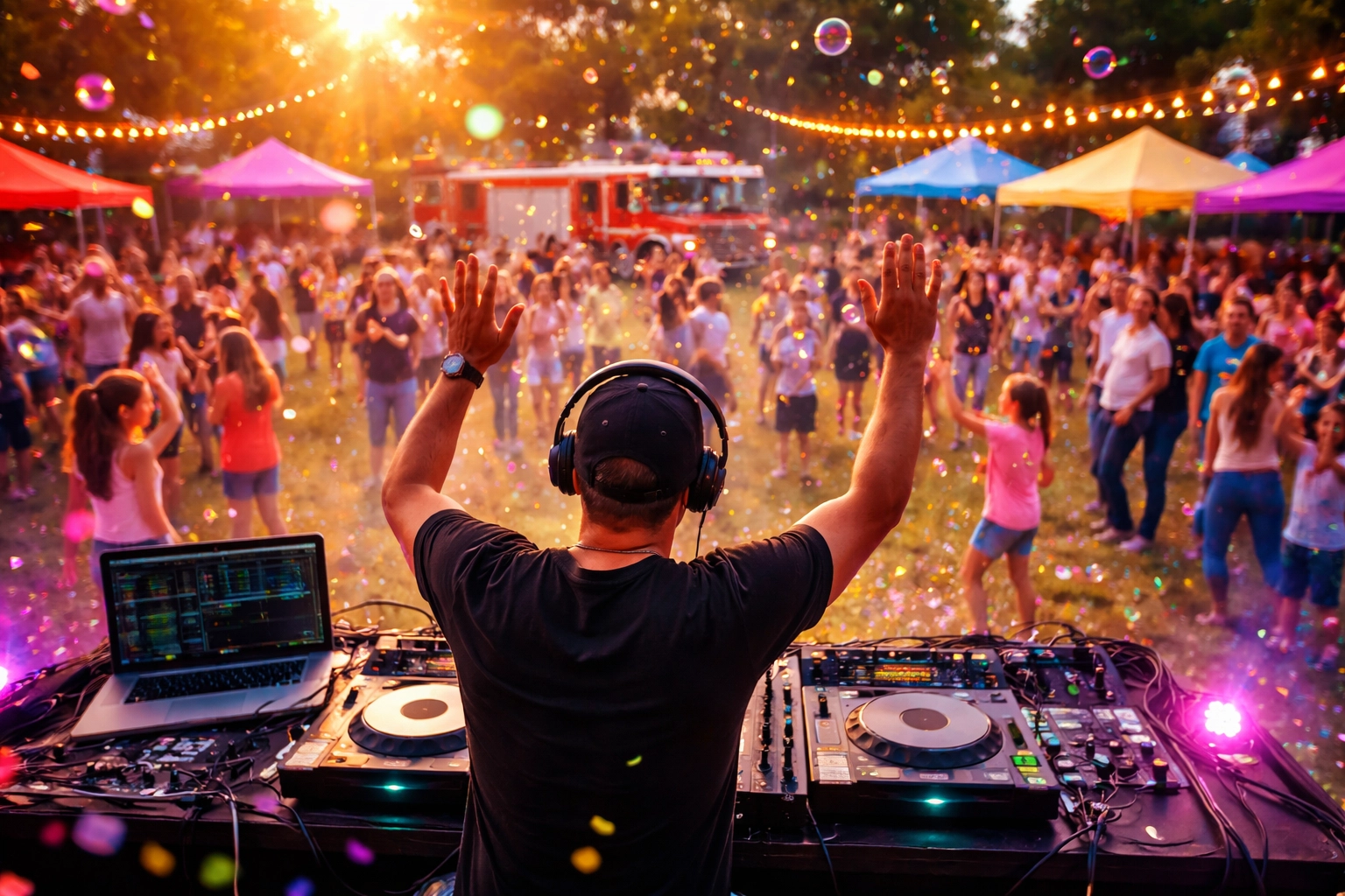 Families enjoy a lively park Touch-a-Truck event with a DJ, dancing, and fire trucks, highlighting community entertainment.