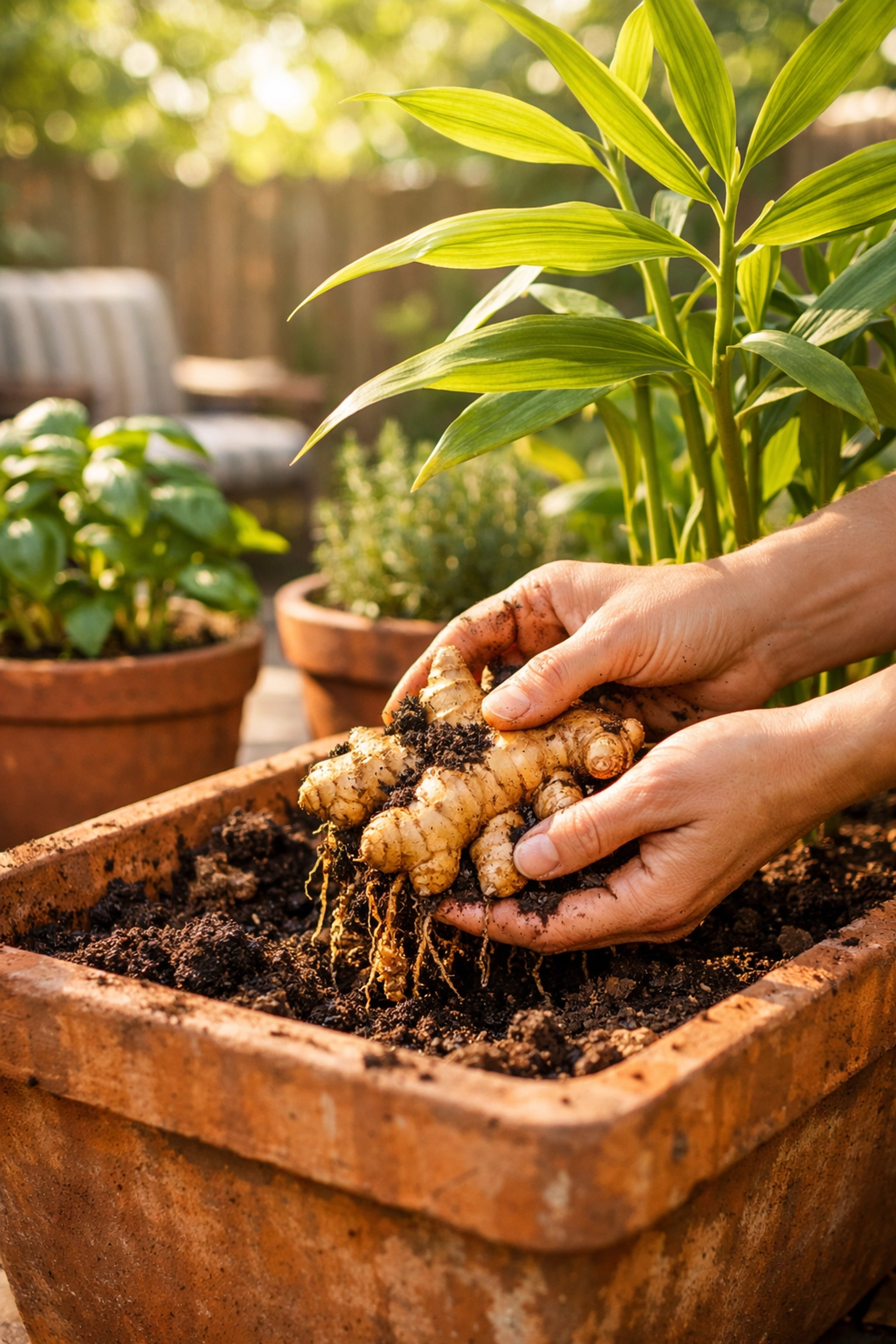 Harvesting fresh ginger root from container garden for gut health remedies