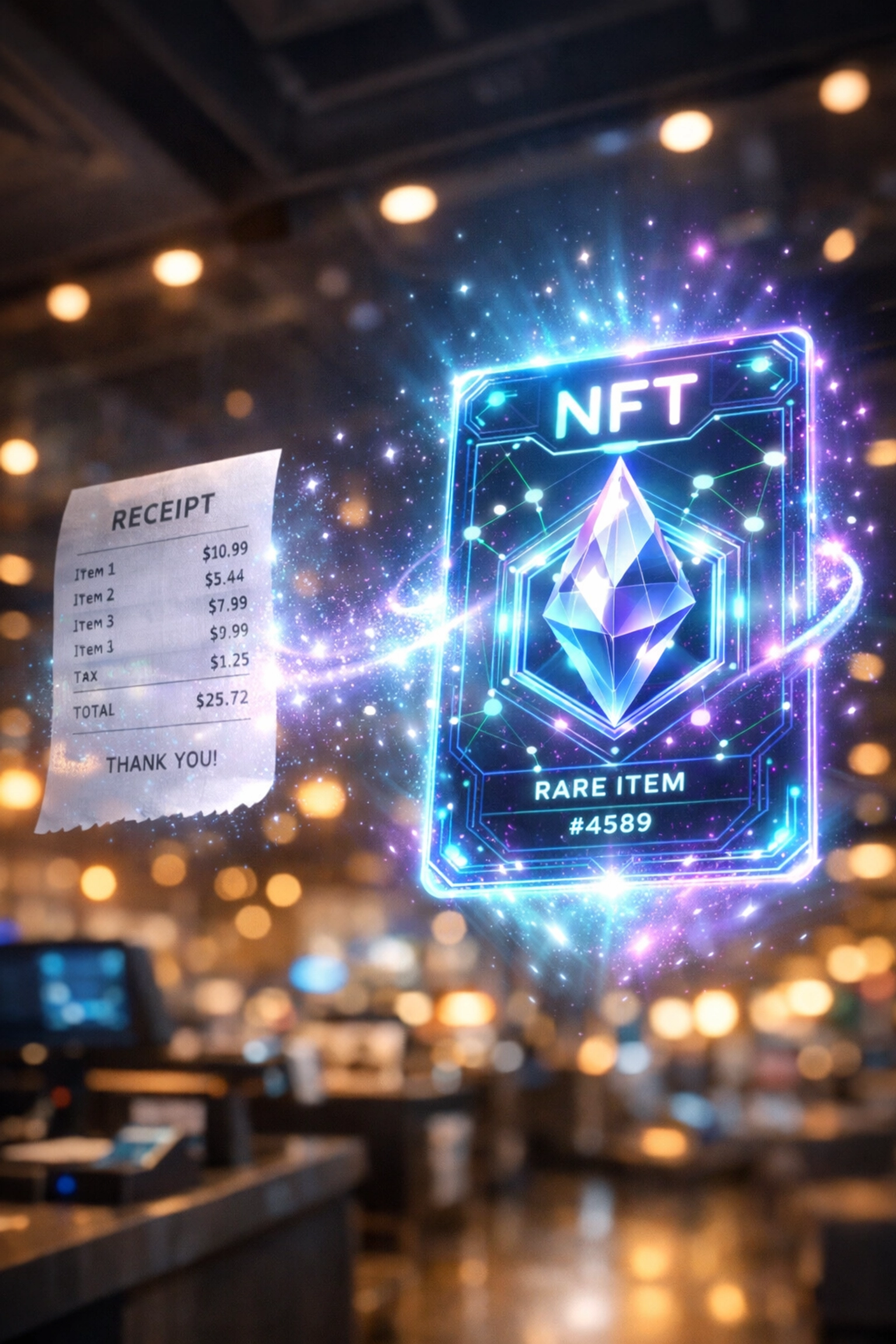 Digital receipt transforming into NFT blockchain receipt for crypto transactions
