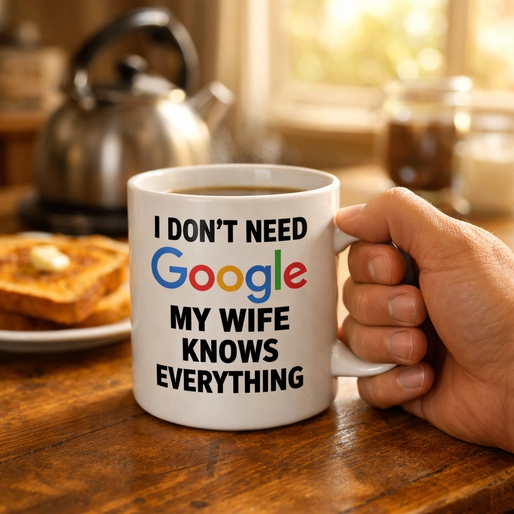 Man holding funny novelty mug at breakfast table