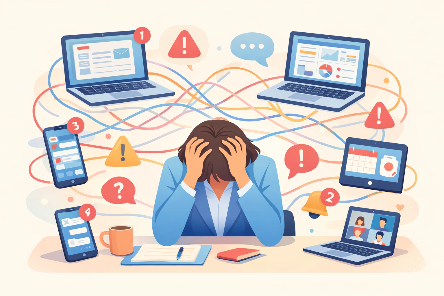 Business owner overwhelmed by multiple disconnected software tools and applications