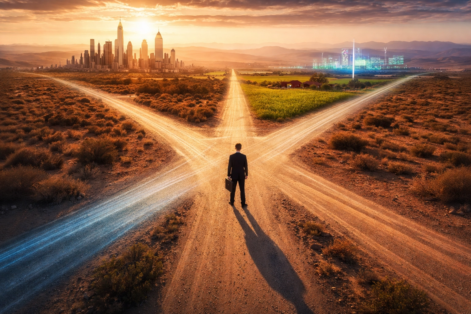 Investor standing at crossroads facing diverse alternative investment allocation decisions