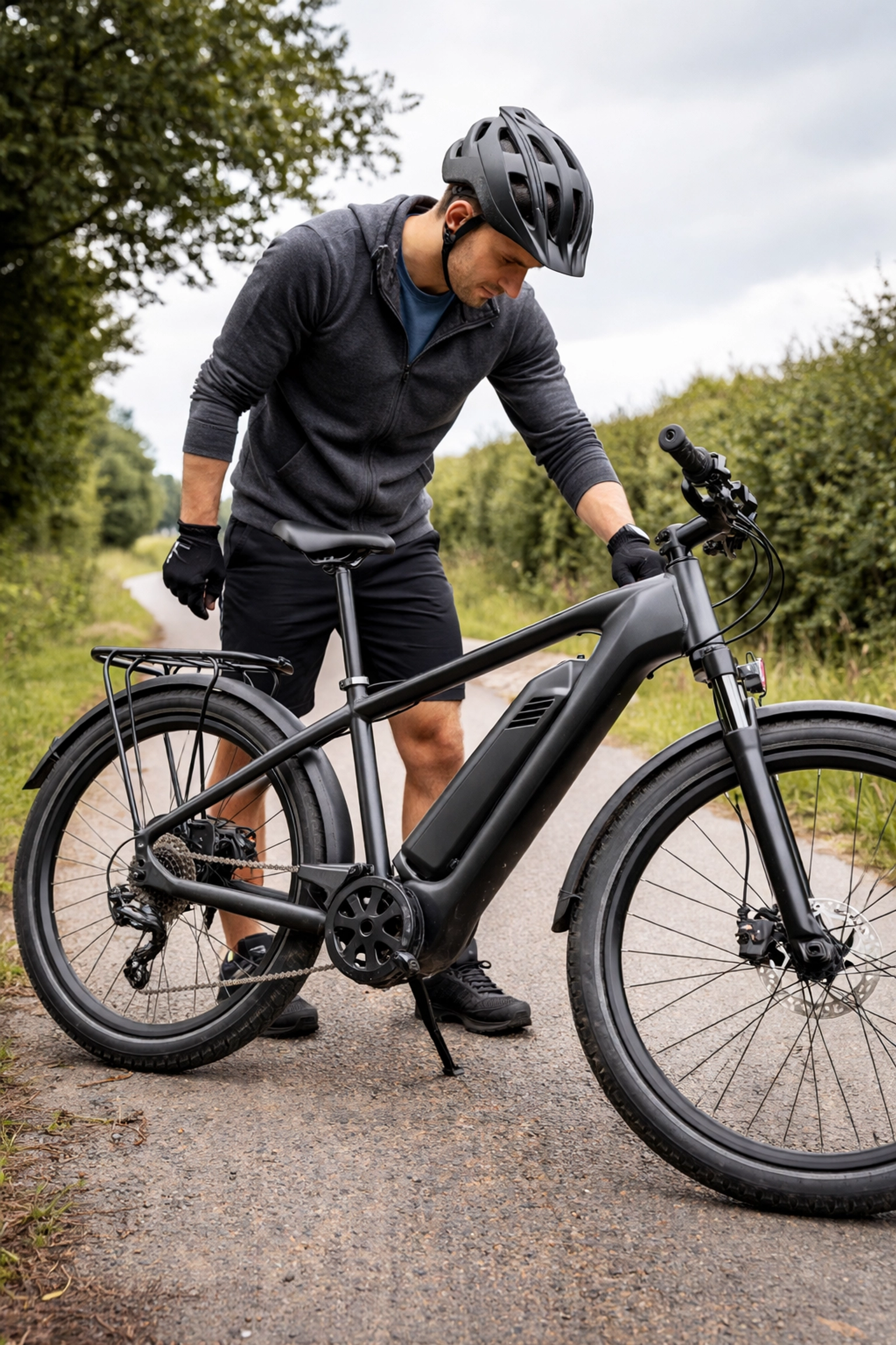 Cyclist checks e-bike frame and battery on a scenic UK country lane for safe bicycle rental use